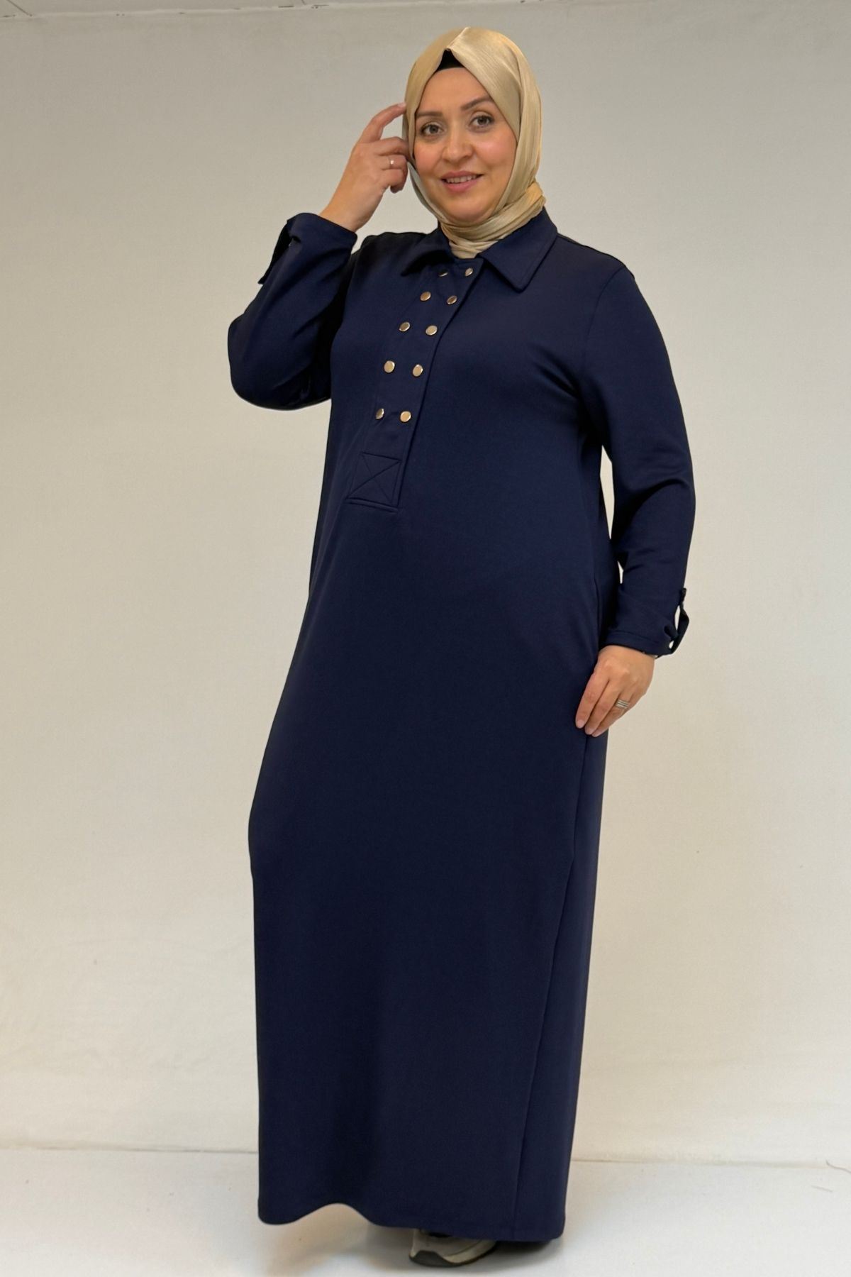 52026 Büyük Beden Şeytan Detaylı Erkek Yakalı Modal Elbise - İndigo