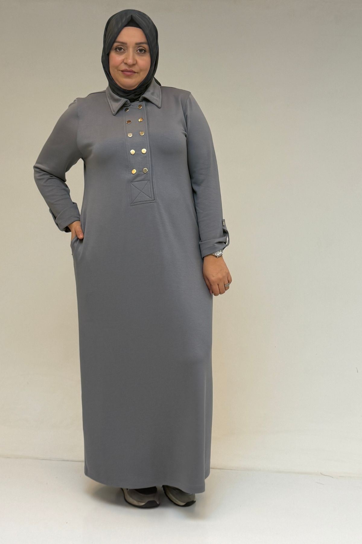 52026 Büyük Beden Şeytan Detaylı Erkek Yakalı Modal Elbise - Gri