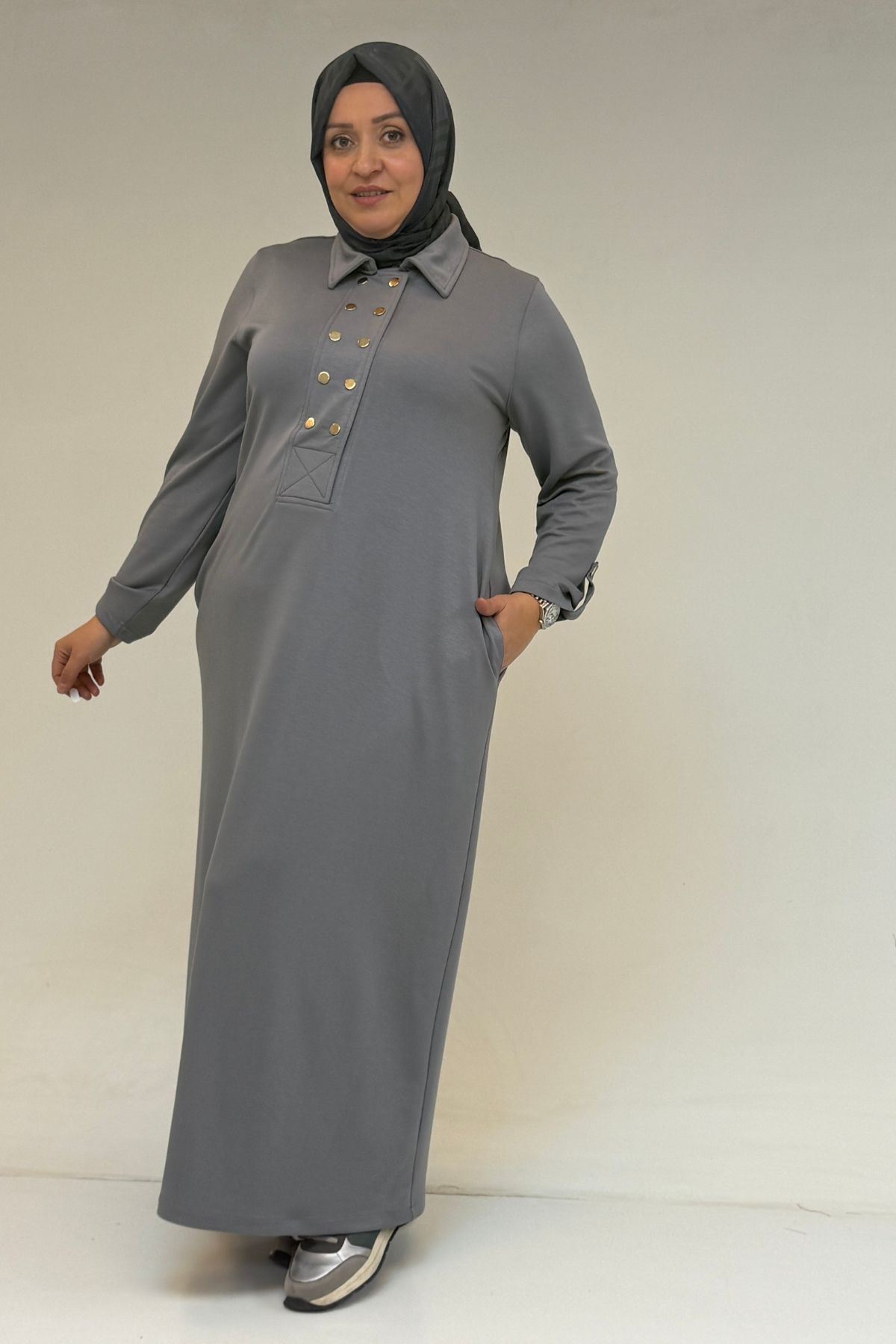 52026 Büyük Beden Şeytan Detaylı Erkek Yakalı Modal Elbise - Gri