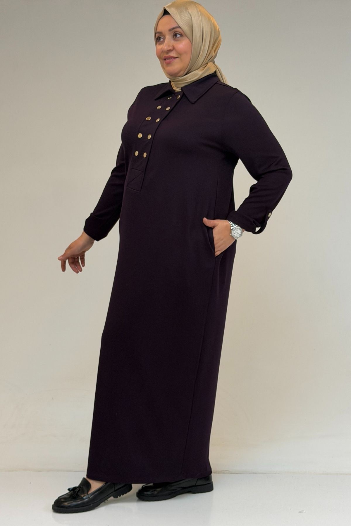 52026 Büyük Beden Şeytan Detaylı Erkek Yakalı Modal Elbise - Mürdüm