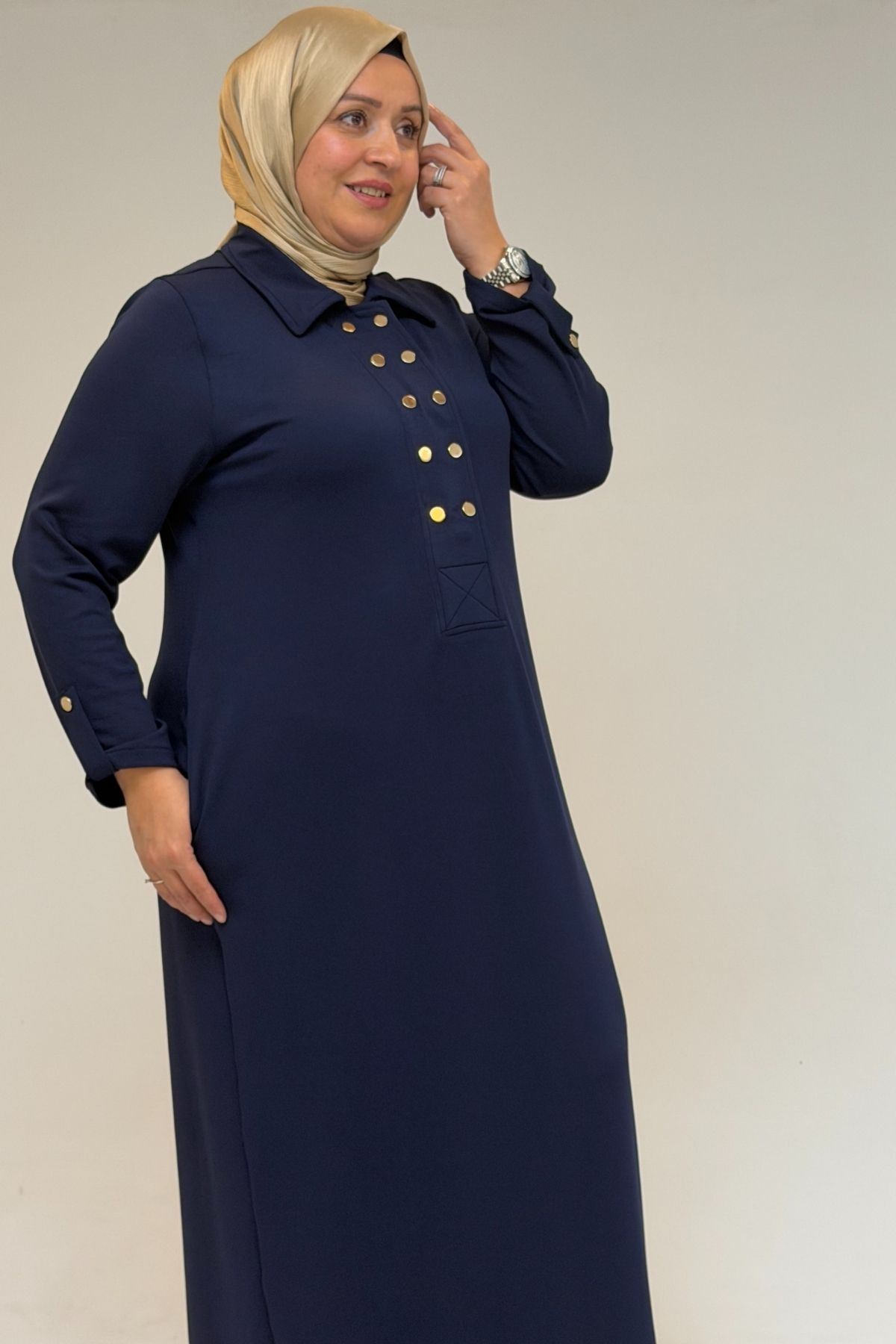 52026 Büyük Beden Şeytan Detaylı Erkek Yakalı Modal Elbise - İndigo