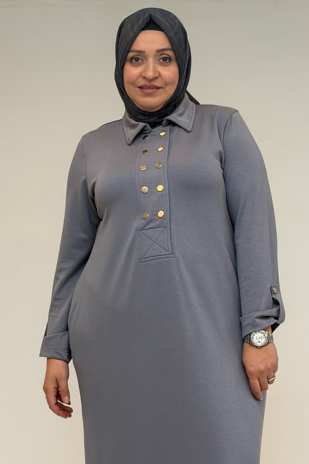 52026 Büyük Beden Şeytan Detaylı Erkek Yakalı Modal Elbise - Gri