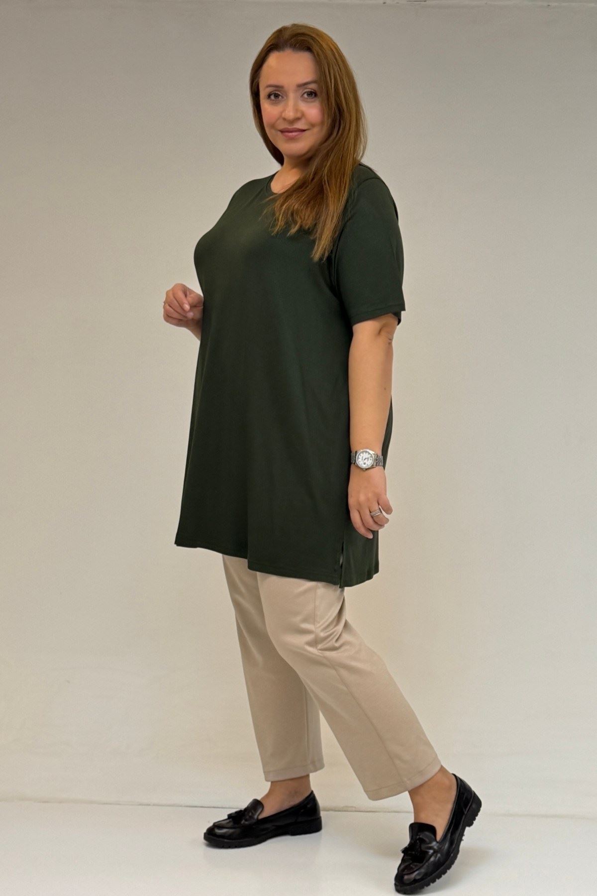 58507 Büyük Beden Yakası Biyeli Penye Tişört  Haki