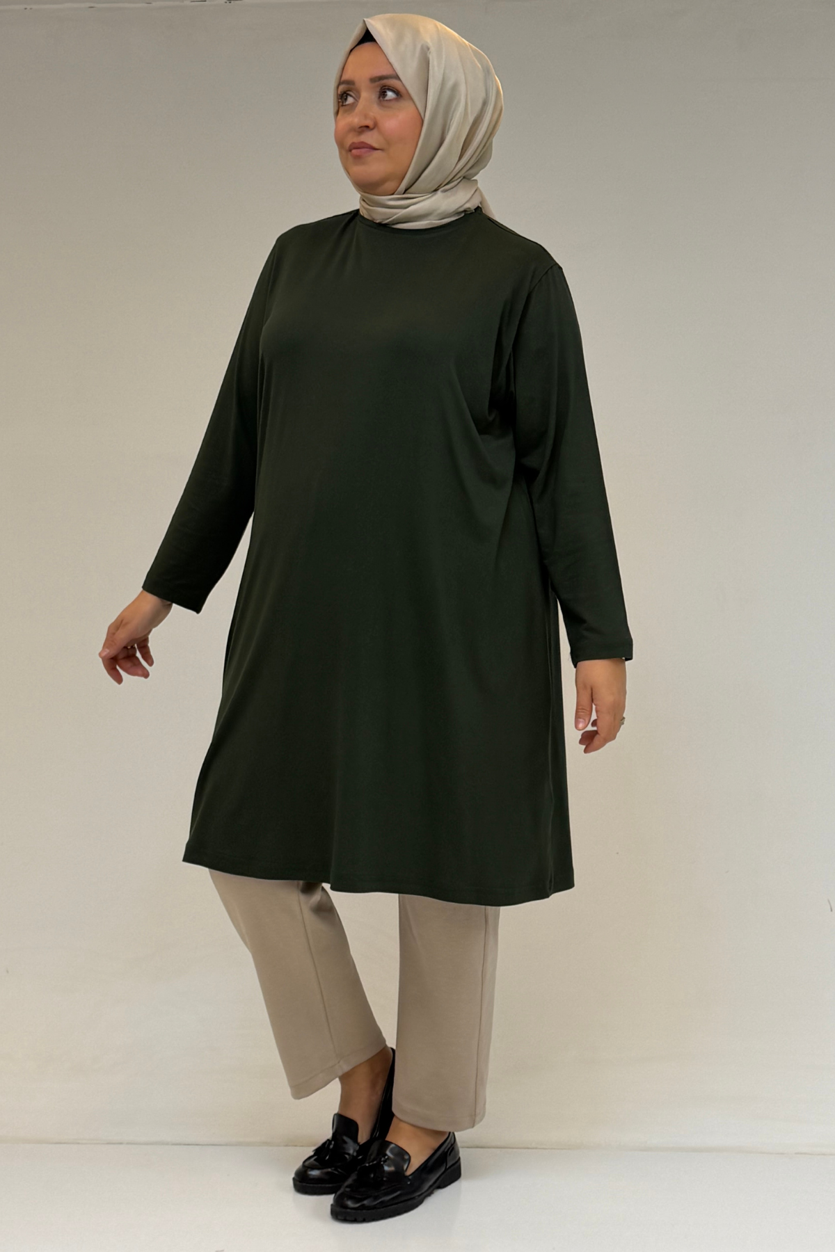 38501 Büyük Beden Basic Penye Tunik - Haki