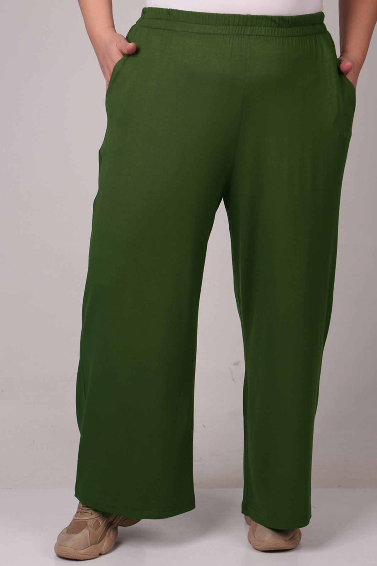 39000 Büyük Beden Yüksek Beli Lastikli Bol Paça Penye Pantolon - Haki