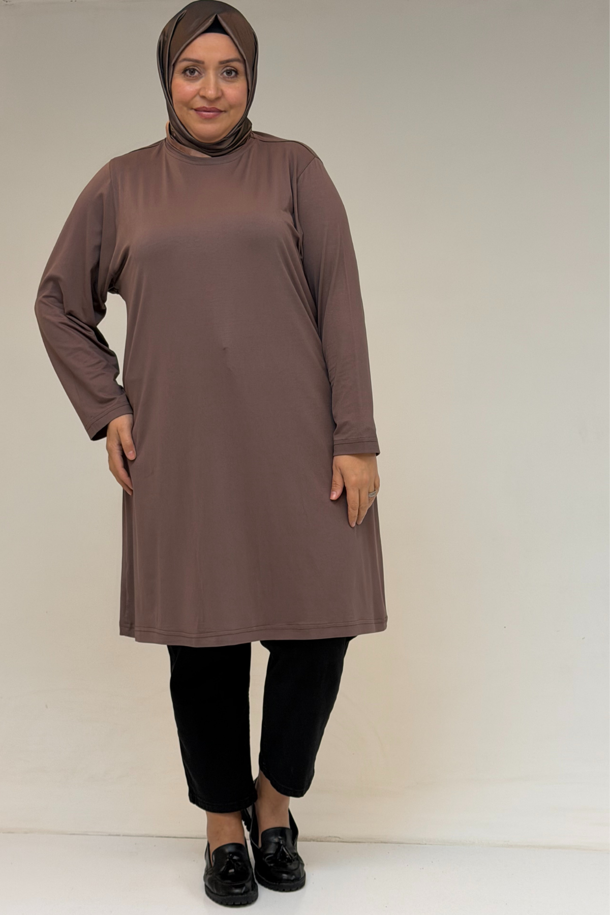 38501 Büyük Beden Basic Penye Tunik - Vizon