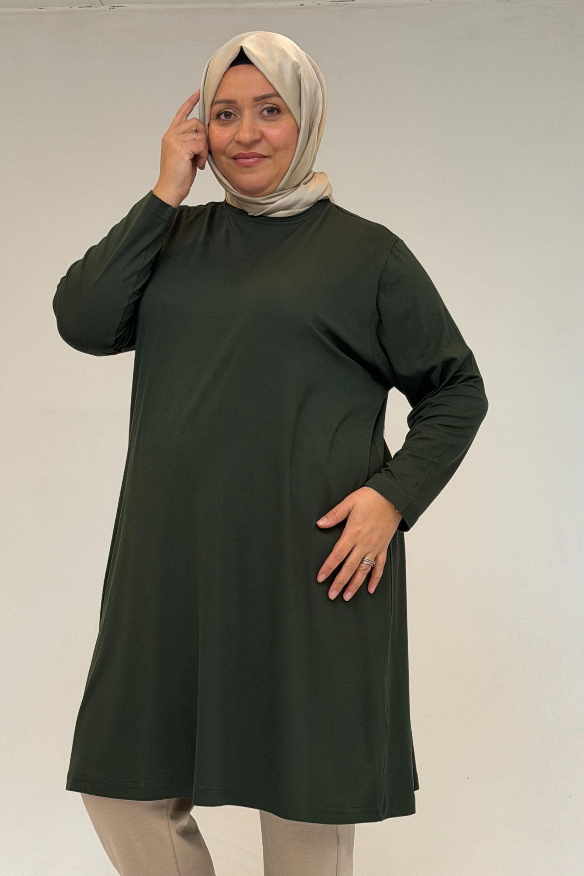 38501 Büyük Beden Basic Penye Tunik - Haki