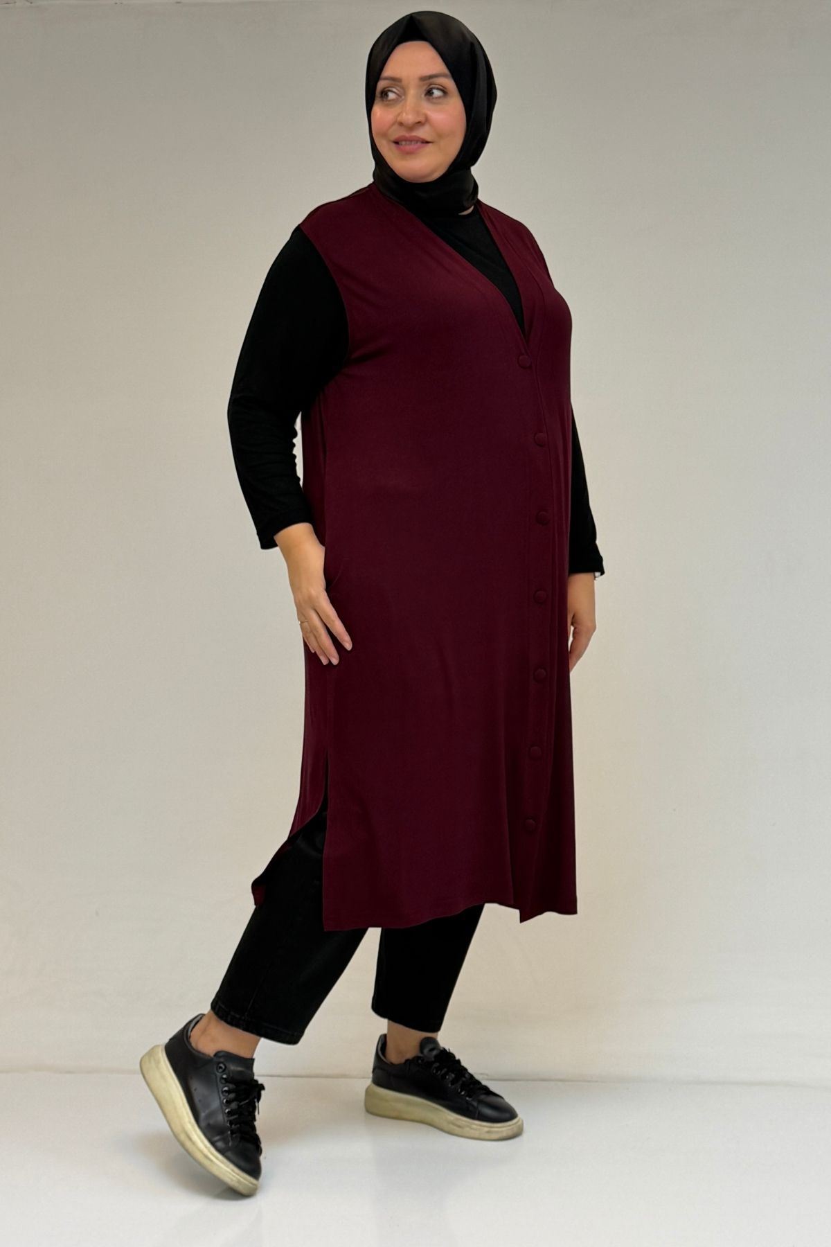 54017 Büyük Bedenkaplama Düğmeli Giy-Çık Penye Yelek - Bordo