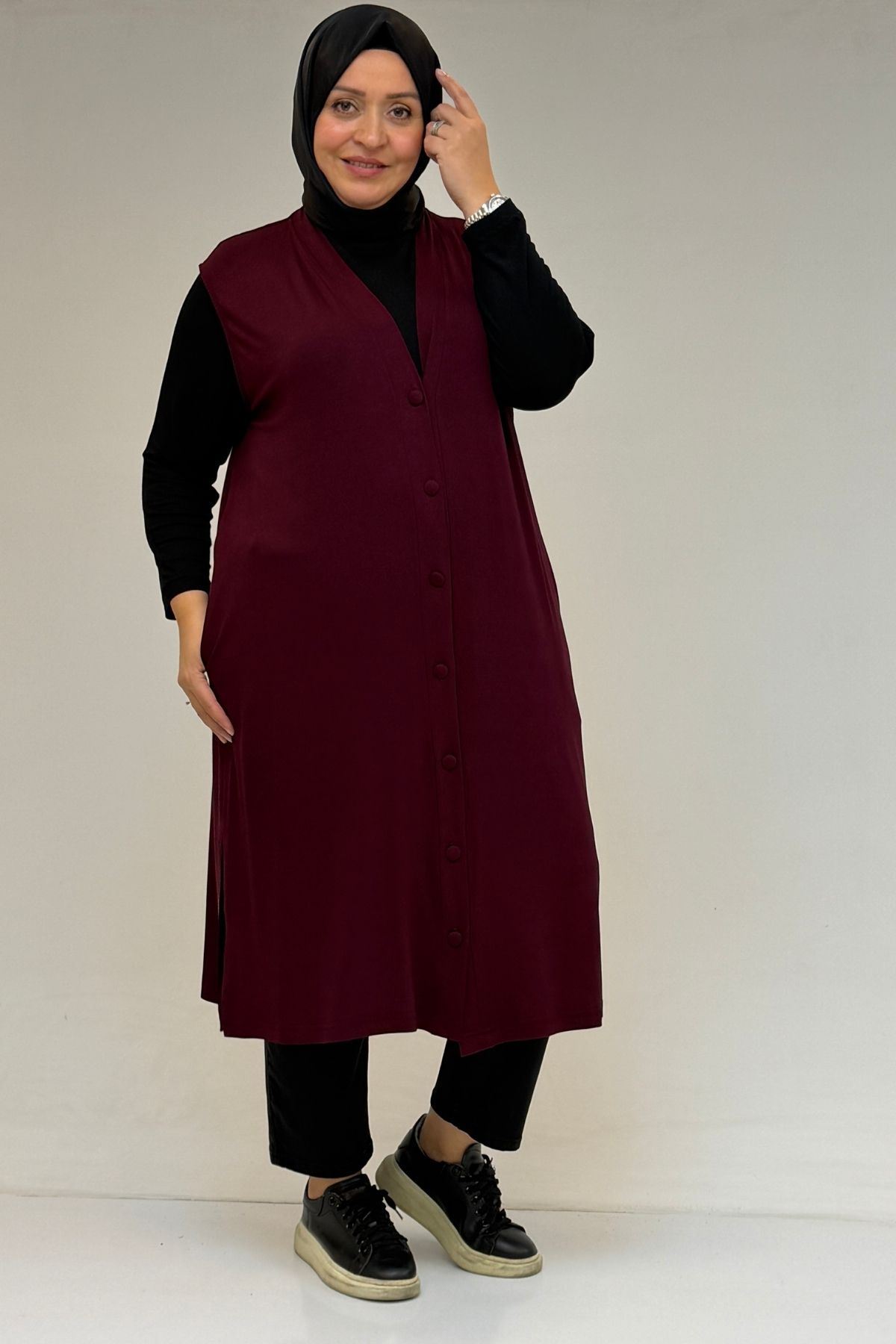 54017 Büyük Bedenkaplama Düğmeli Giy-Çık Penye Yelek - Bordo