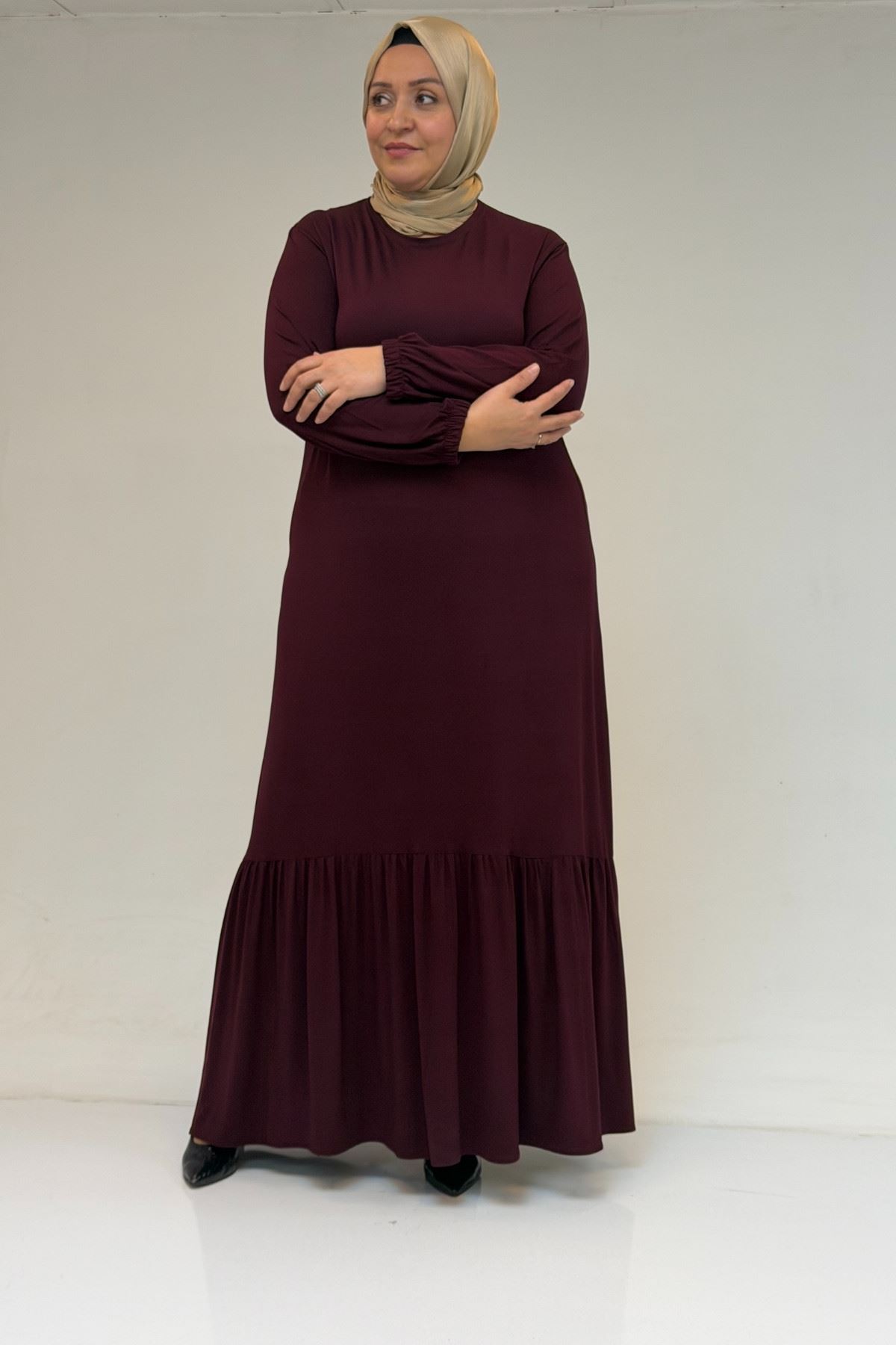 52034 Büyük Beden Eteği Fırfrılı Penye Elbise - Bordo