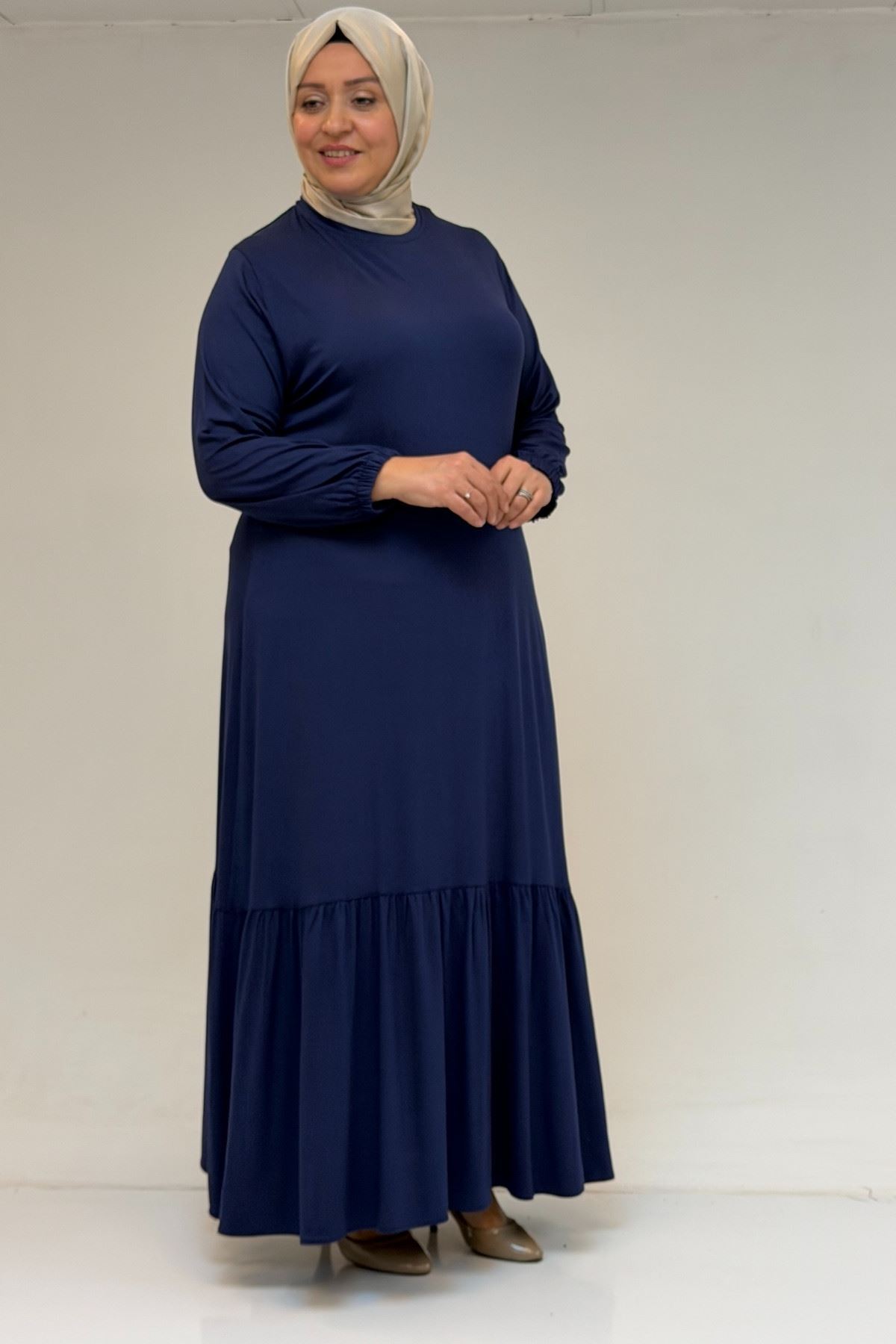 52034 Büyük Beden Eteği Fırfrılı Penye Elbise - İndigo