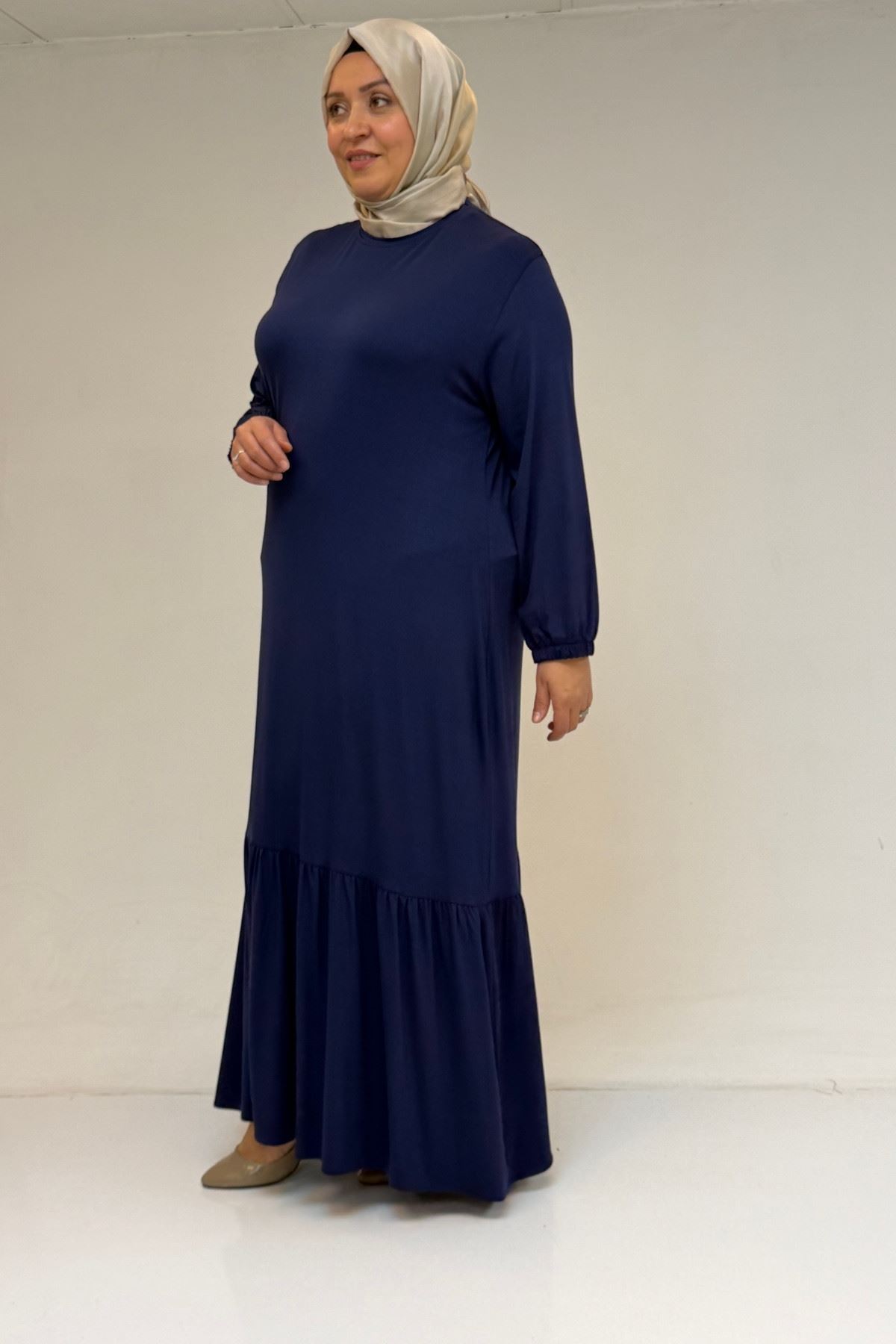 52034 Büyük Beden Eteği Fırfrılı Penye Elbise - İndigo