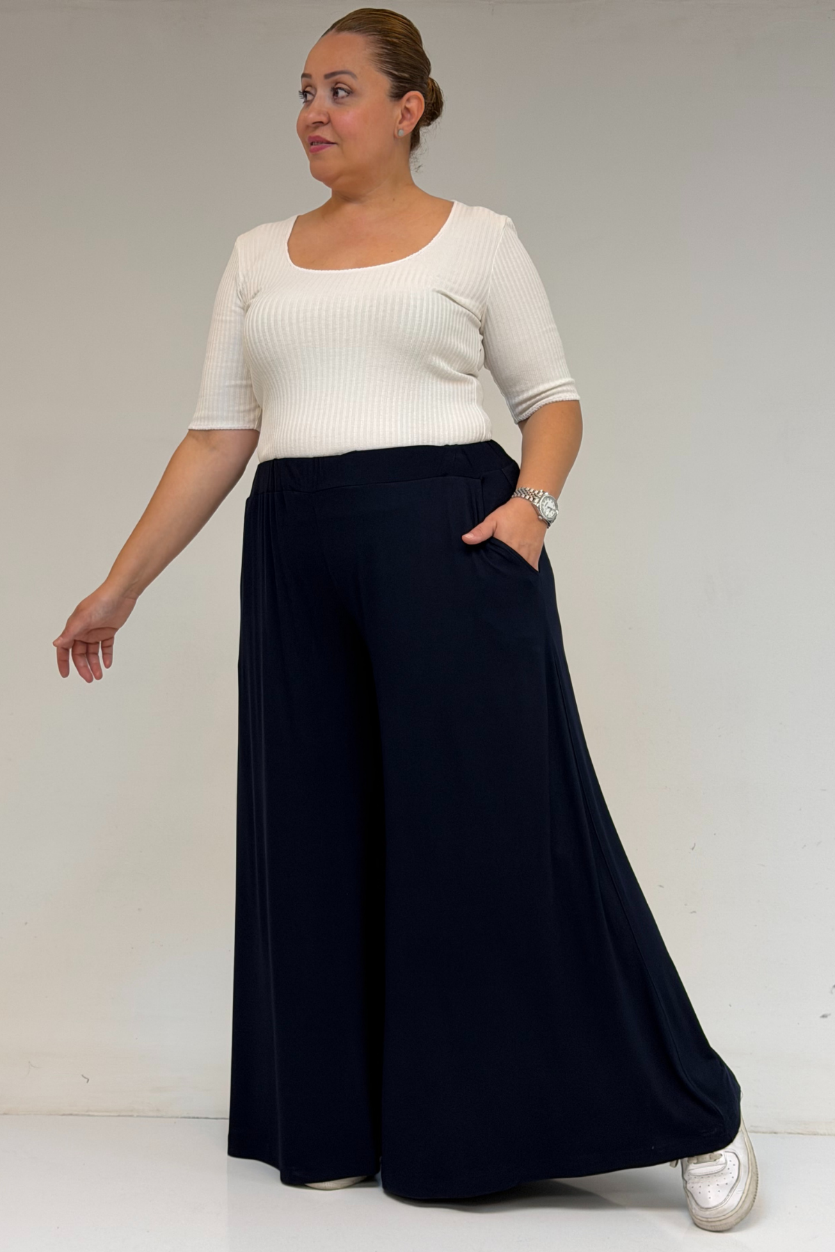 49003 Büyük Beden Beli Lastikli Penye Etek Pantolon - Lacivert