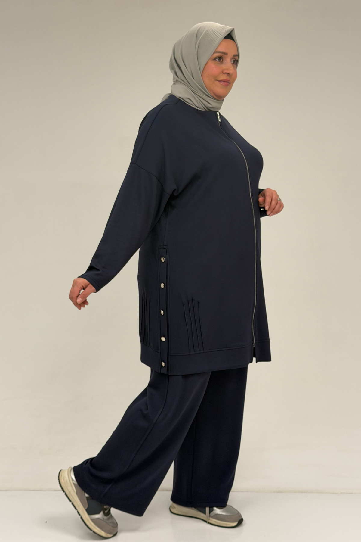 47090 Büyük Beden Pile Detaylı Modal Pantolonlu Takım - Lacivert