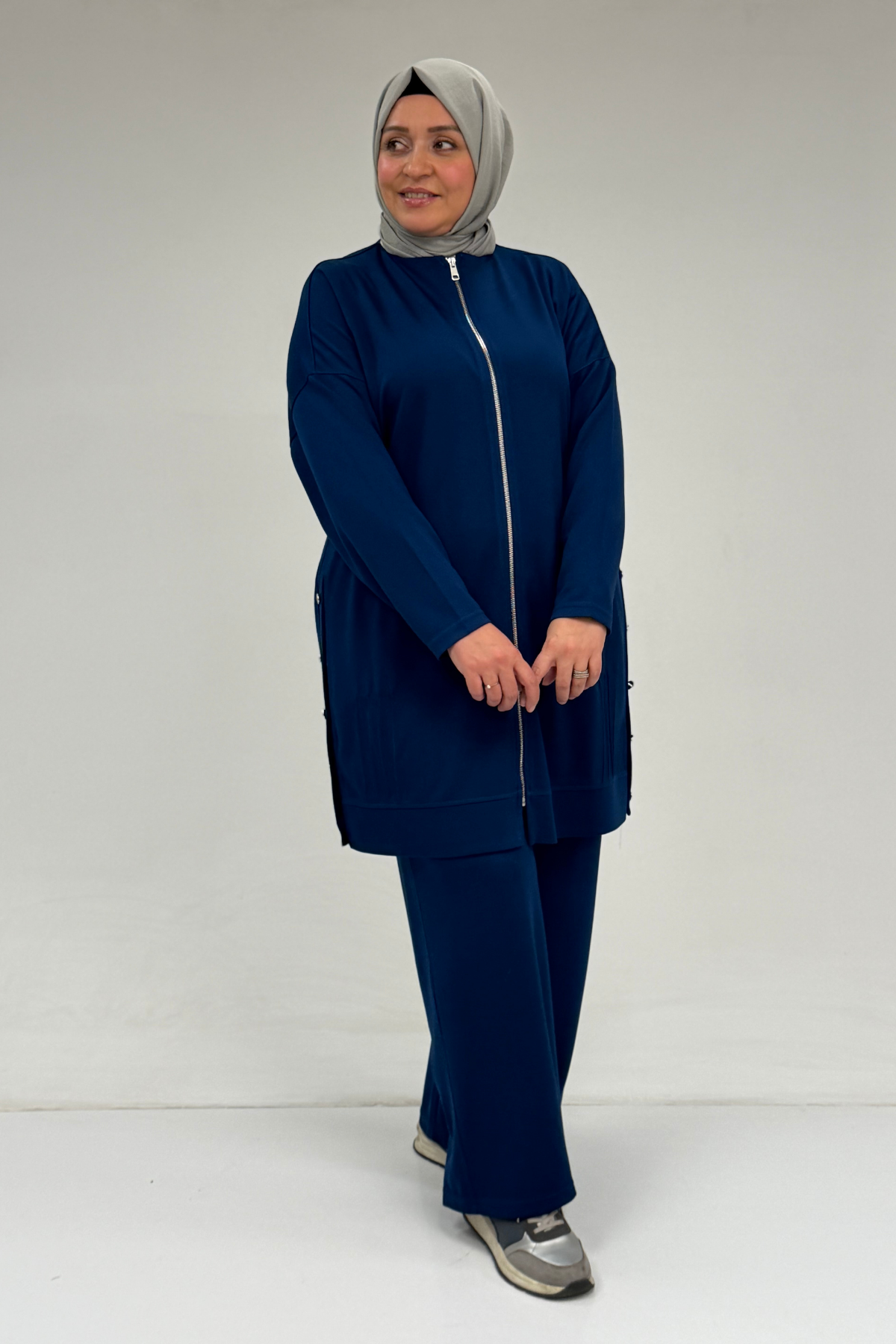 47090 Büyük Beden Pile Detaylı Modal Pantolonlu Takım - İndigo