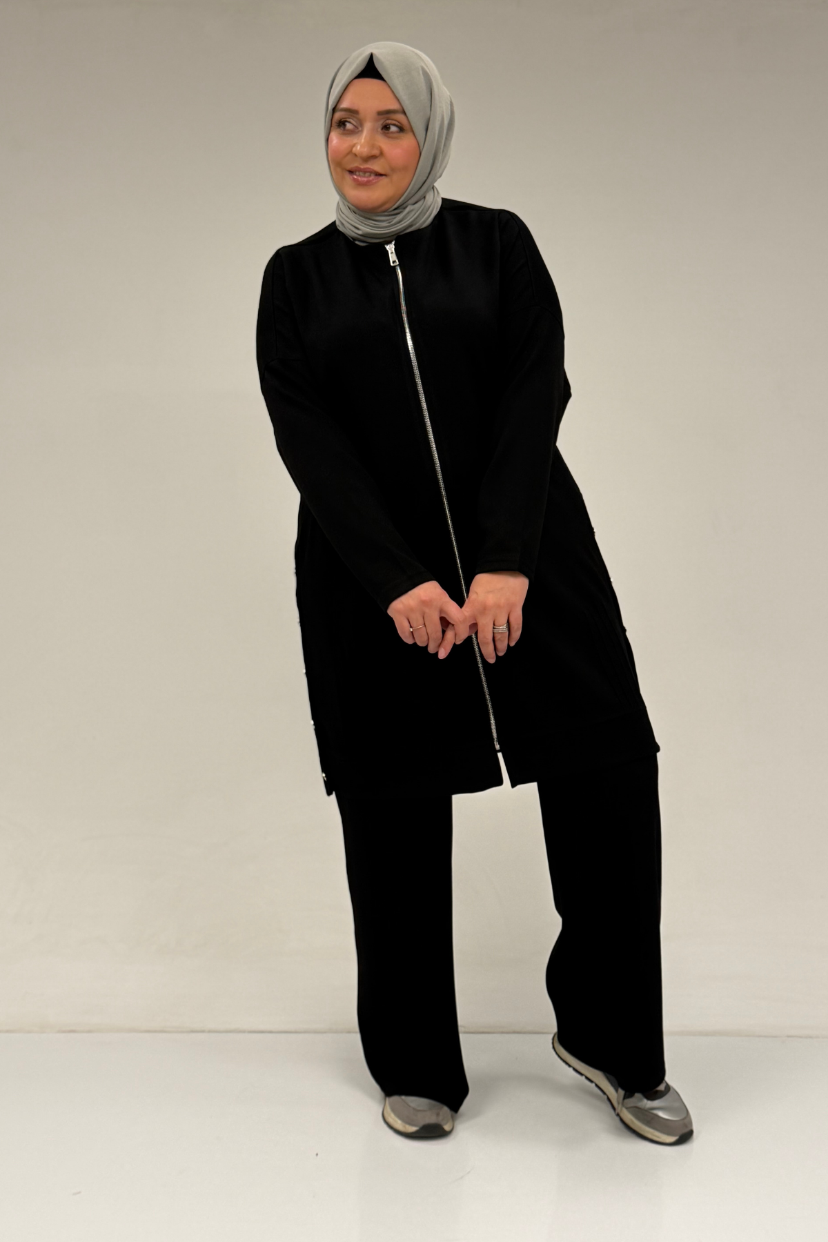 47090 Büyük Beden Pile Detaylı Modal Pantolonlu Takım - Siyah