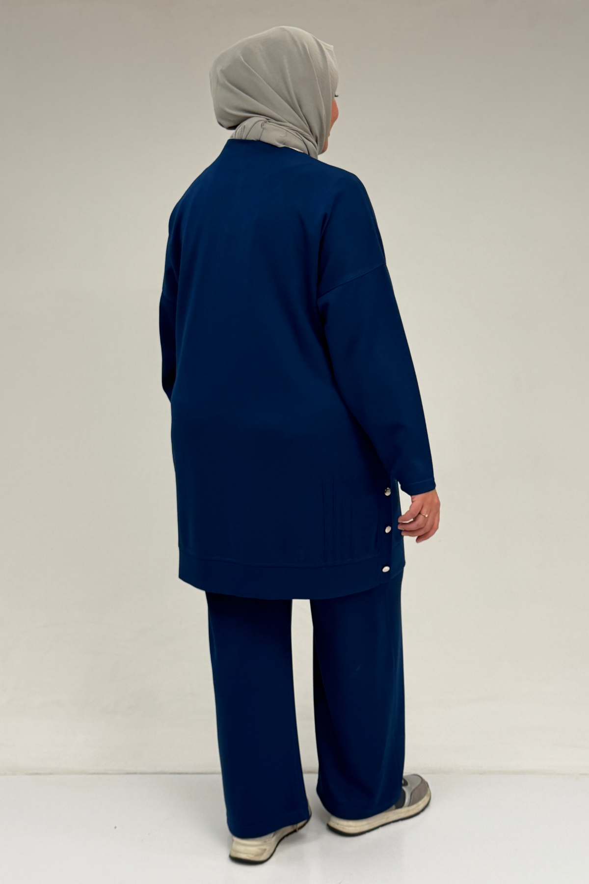 47090 Büyük Beden Pile Detaylı Modal Pantolonlu Takım - İndigo