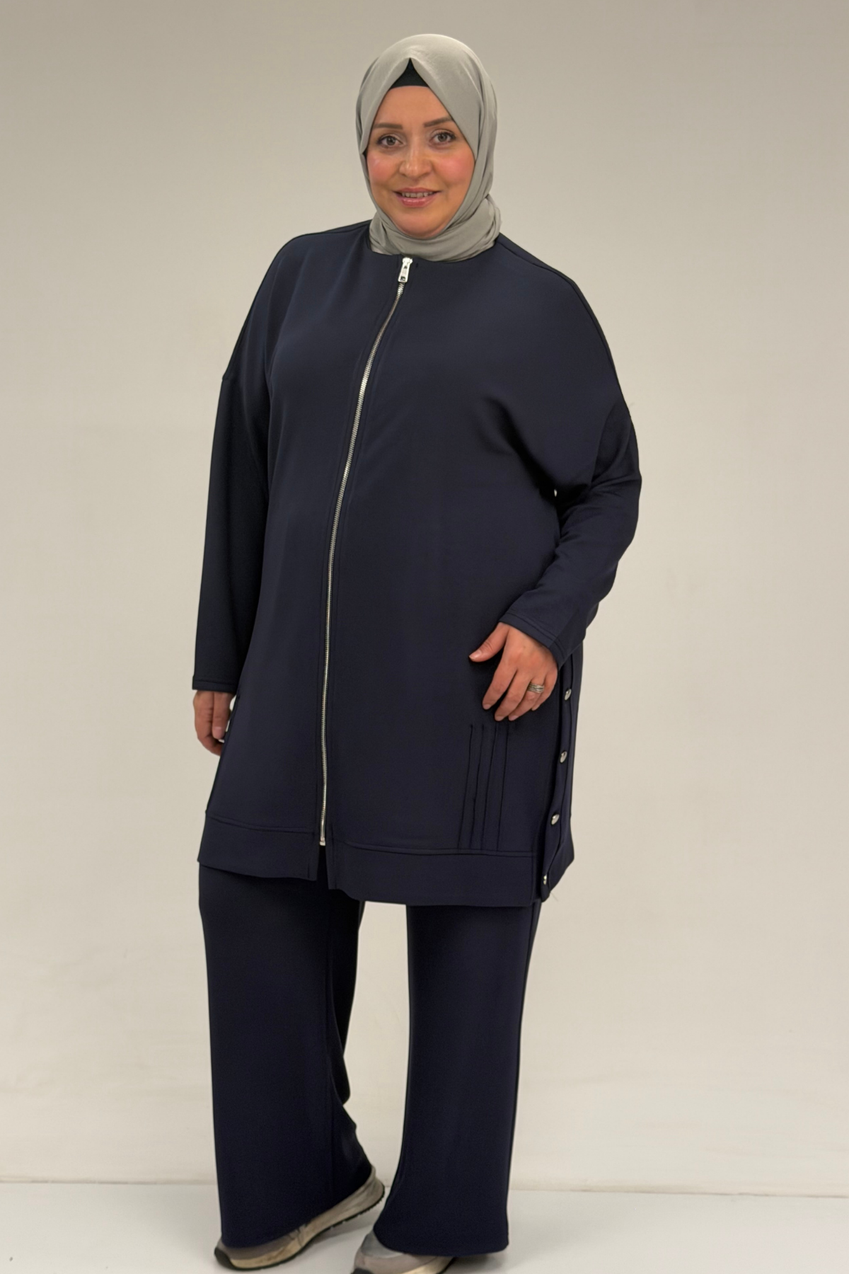 47090 Büyük Beden Pile Detaylı Modal Pantolonlu Takım - Lacivert