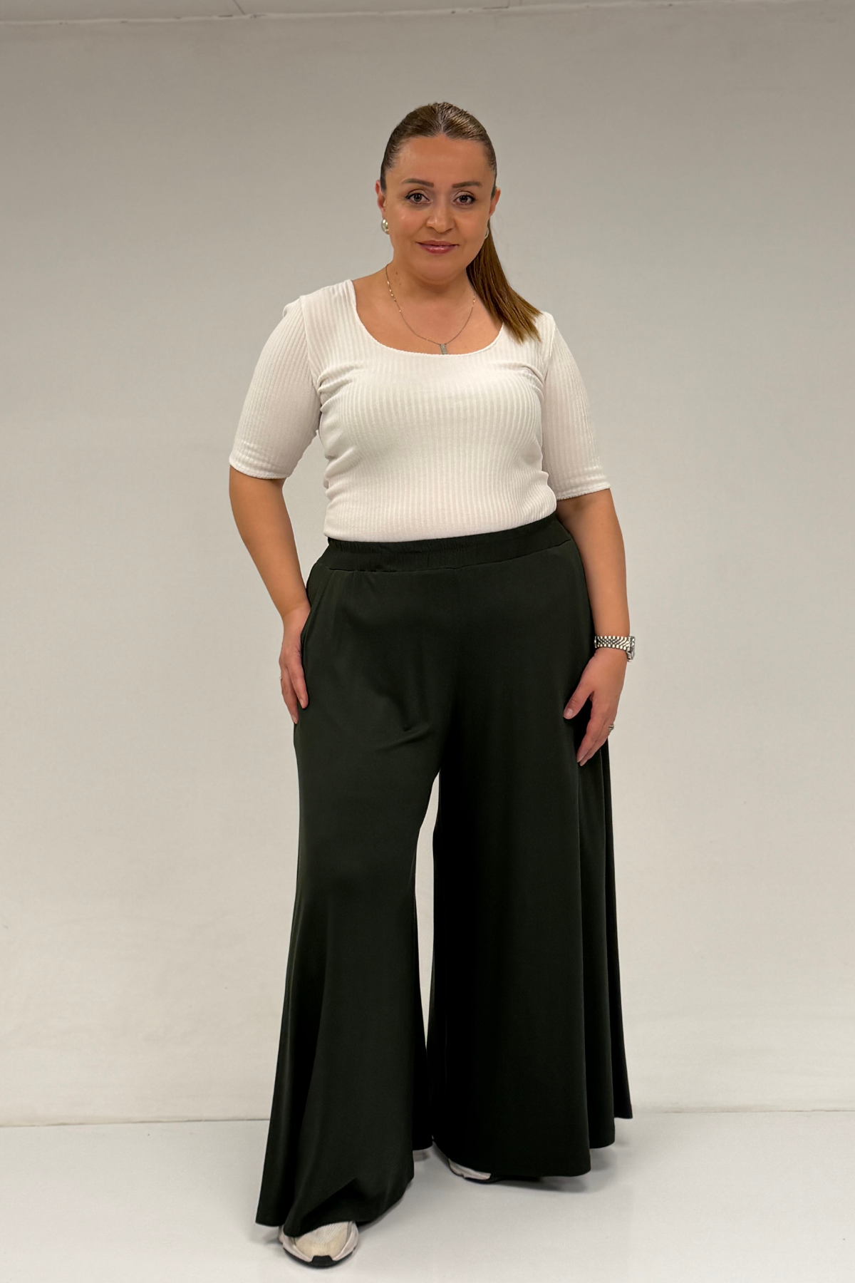 49003 Büyük Beden Beli Lastikli Penye Etek Pantolon - Haki