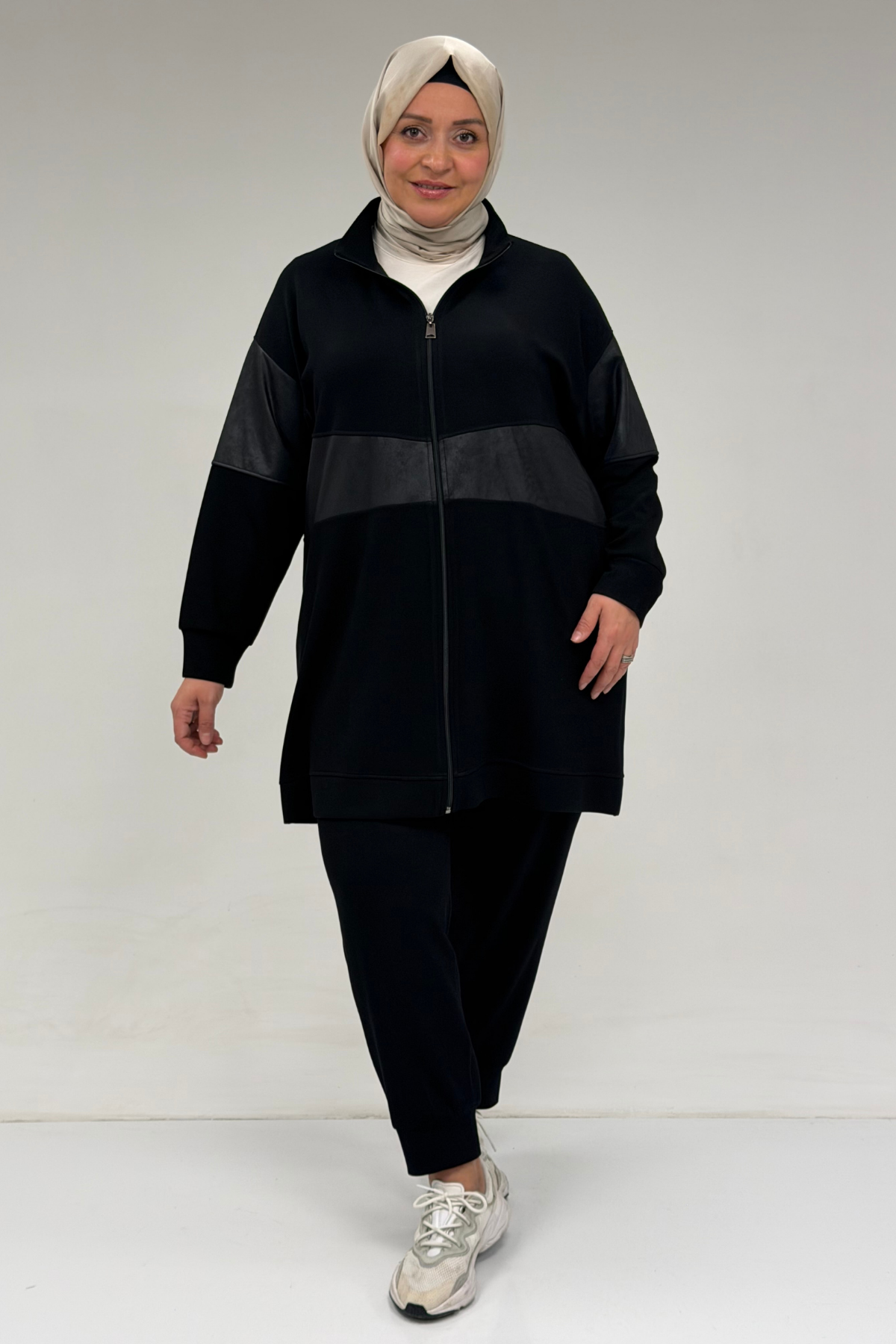 47098 Büyük Beden Waterport Garnili Modal Pantolonlu Takım - Siyah