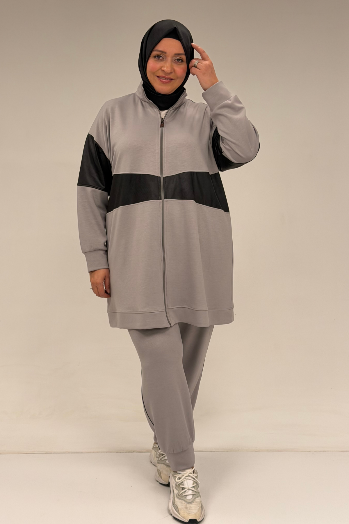 47098 Büyük Beden Waterport Garnili Modal Pantolonlu Takım - Gri