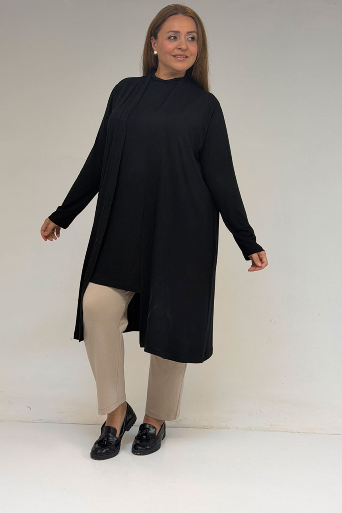 58501 Büyük Beden Hakim Yakalı Penye İçlik - Siyah