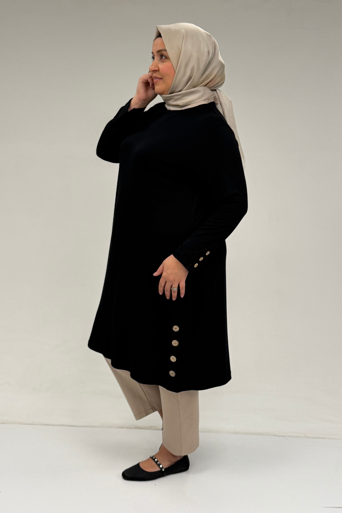 38015  Büyük Beden Düğme Detaylı Penye Tunik - Siyah