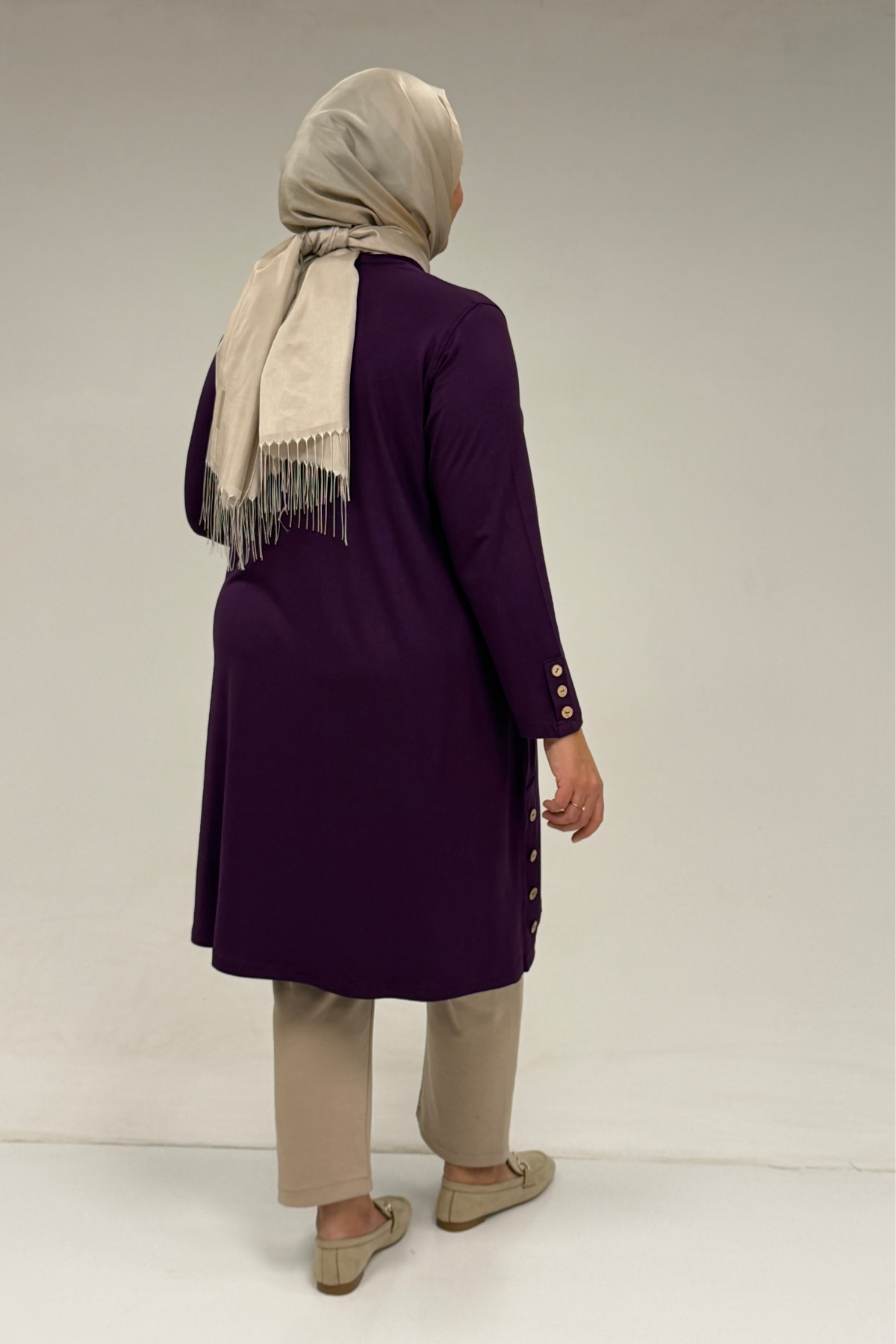 38015  Büyük Beden Düğme Detaylı Penye Tunik -Mor
