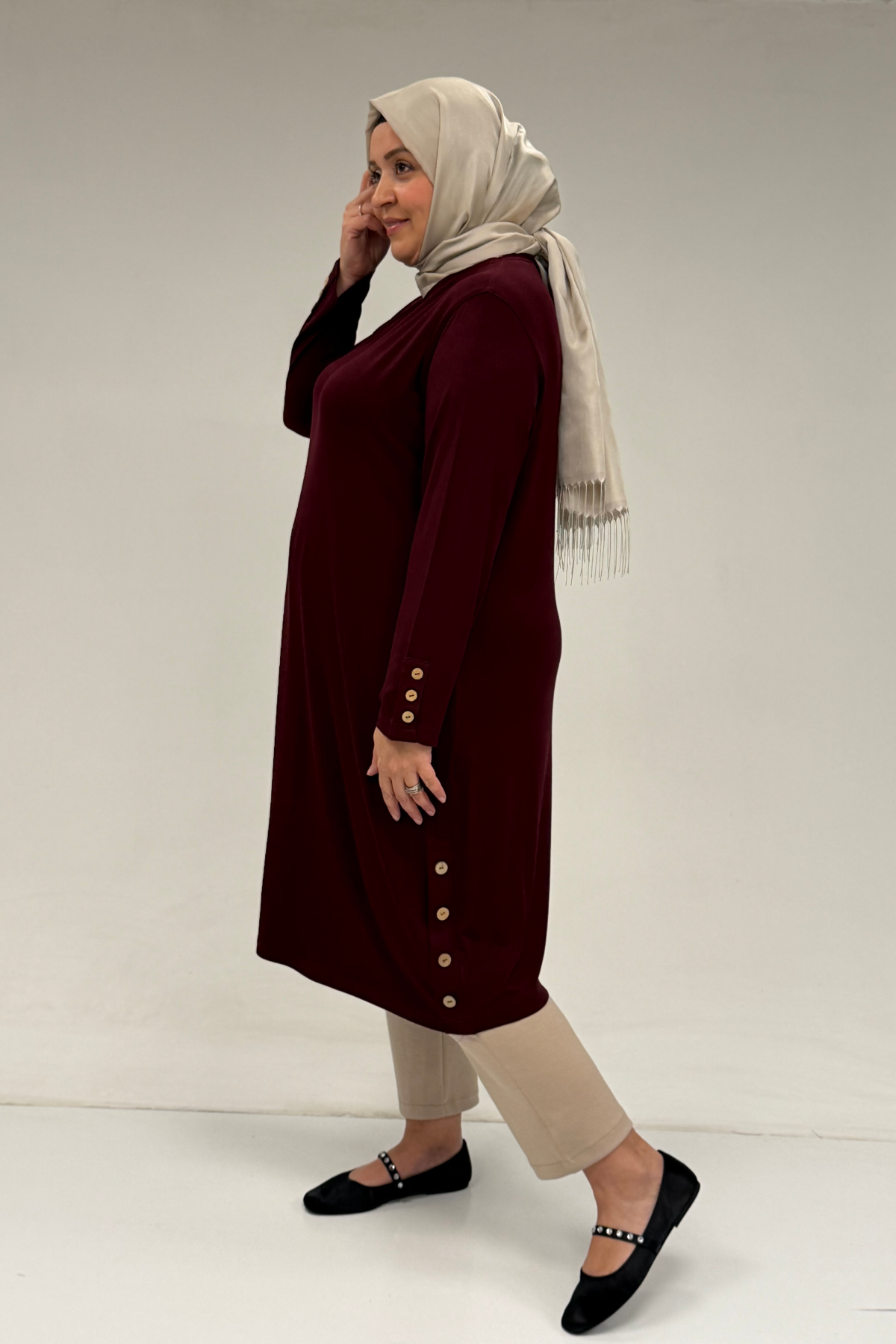 38015  Büyük Beden Düğme Detaylı Penye Tunik - Bordo