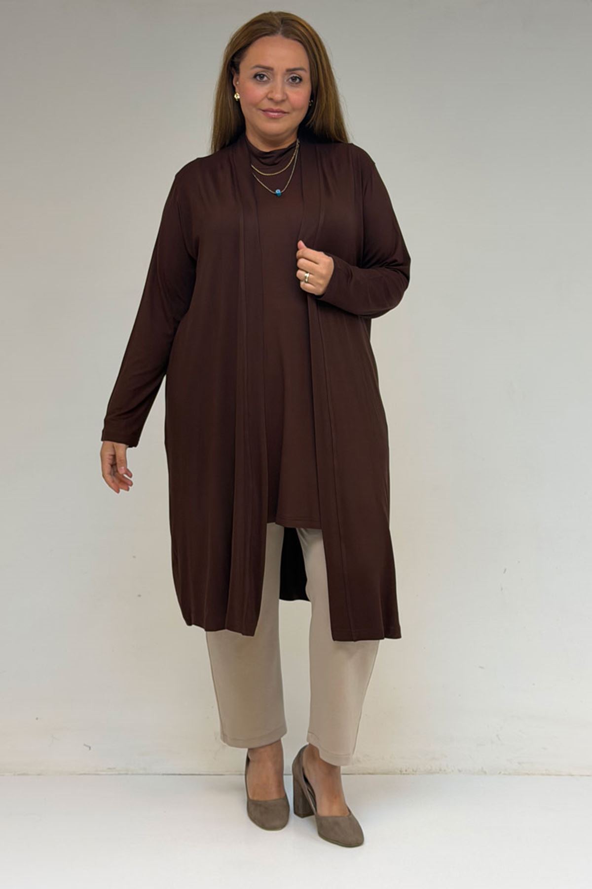 58501 Büyük Beden Hakim Yakalı Penye İçlik - Kahve