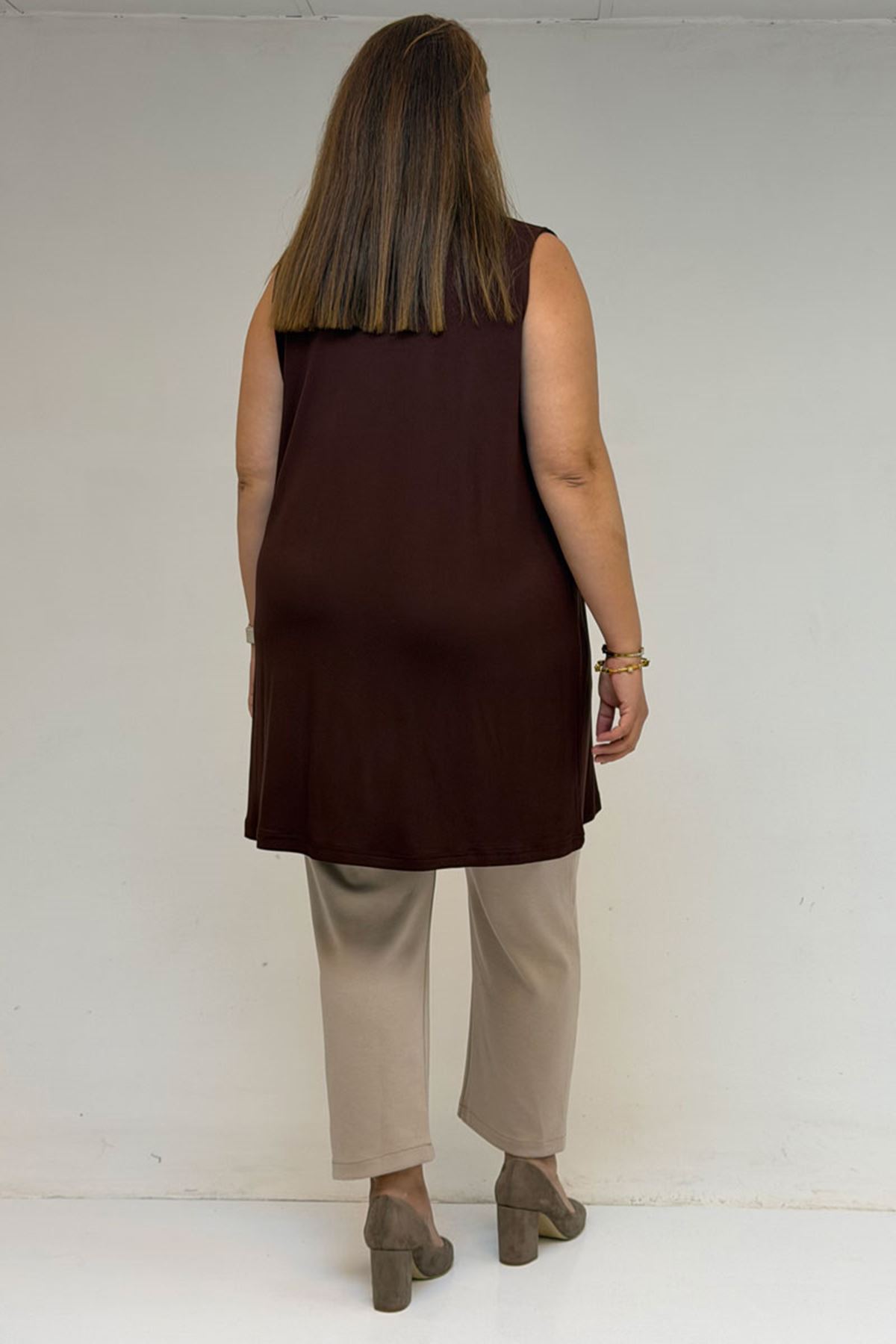 58501 Büyük Beden Hakim Yakalı Penye İçlik - Kahve