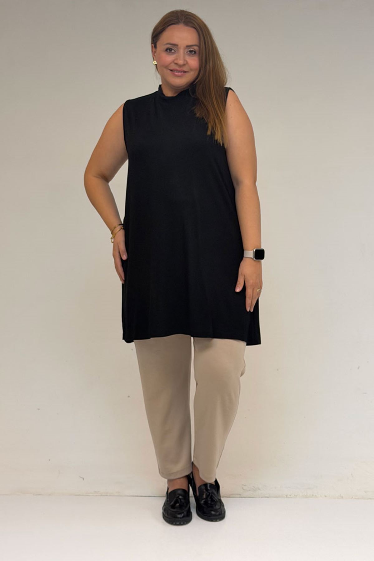 58501 Büyük Beden Hakim Yakalı Penye İçlik - Siyah