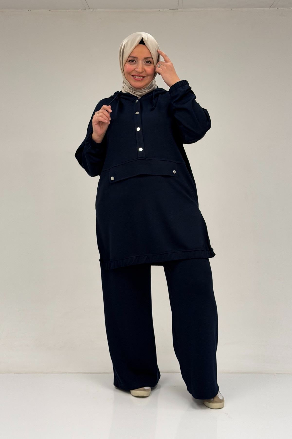 47089 Büyük Beden Yarım Patlı Kapşonlu Pantolonlu Modal Takım - Lacivert