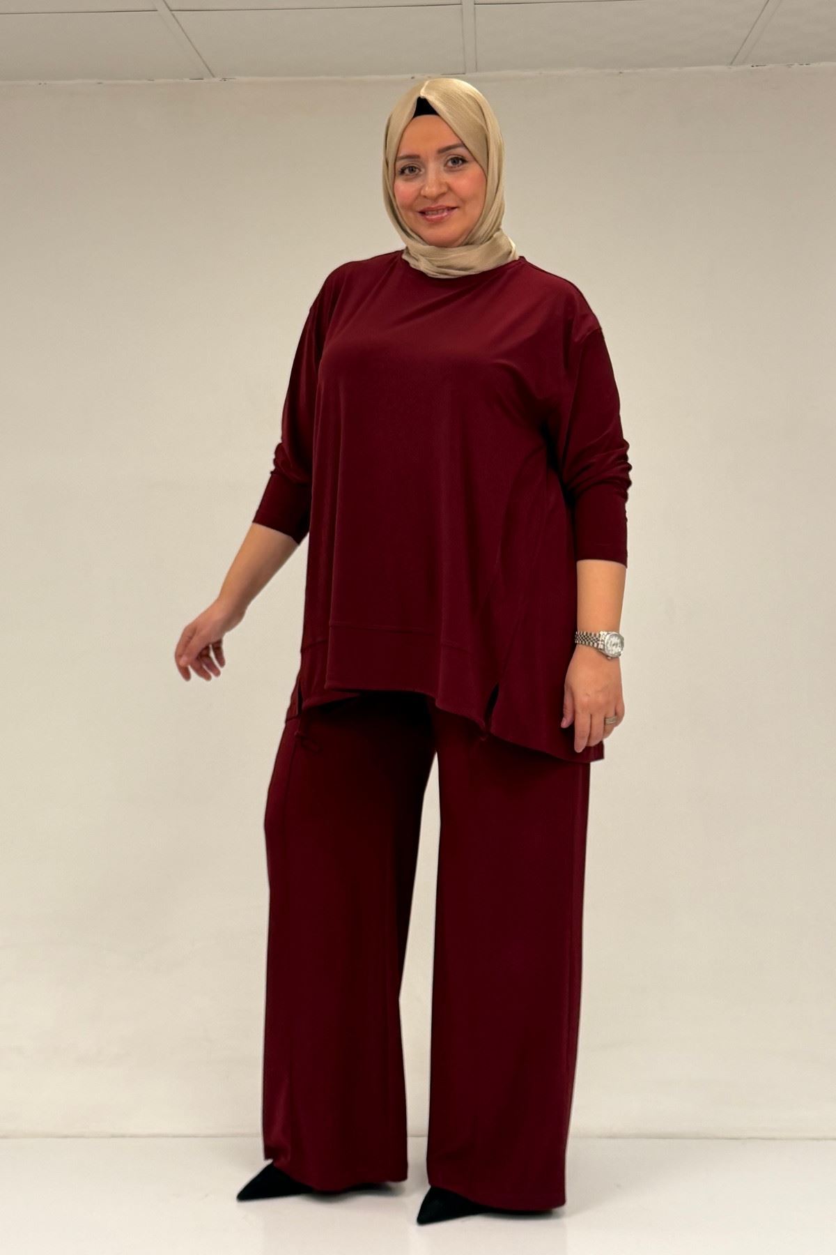 67033 Büyük Beden  Etek Ucu Parçalı Sandy Pantolonlu Takım - Bordo