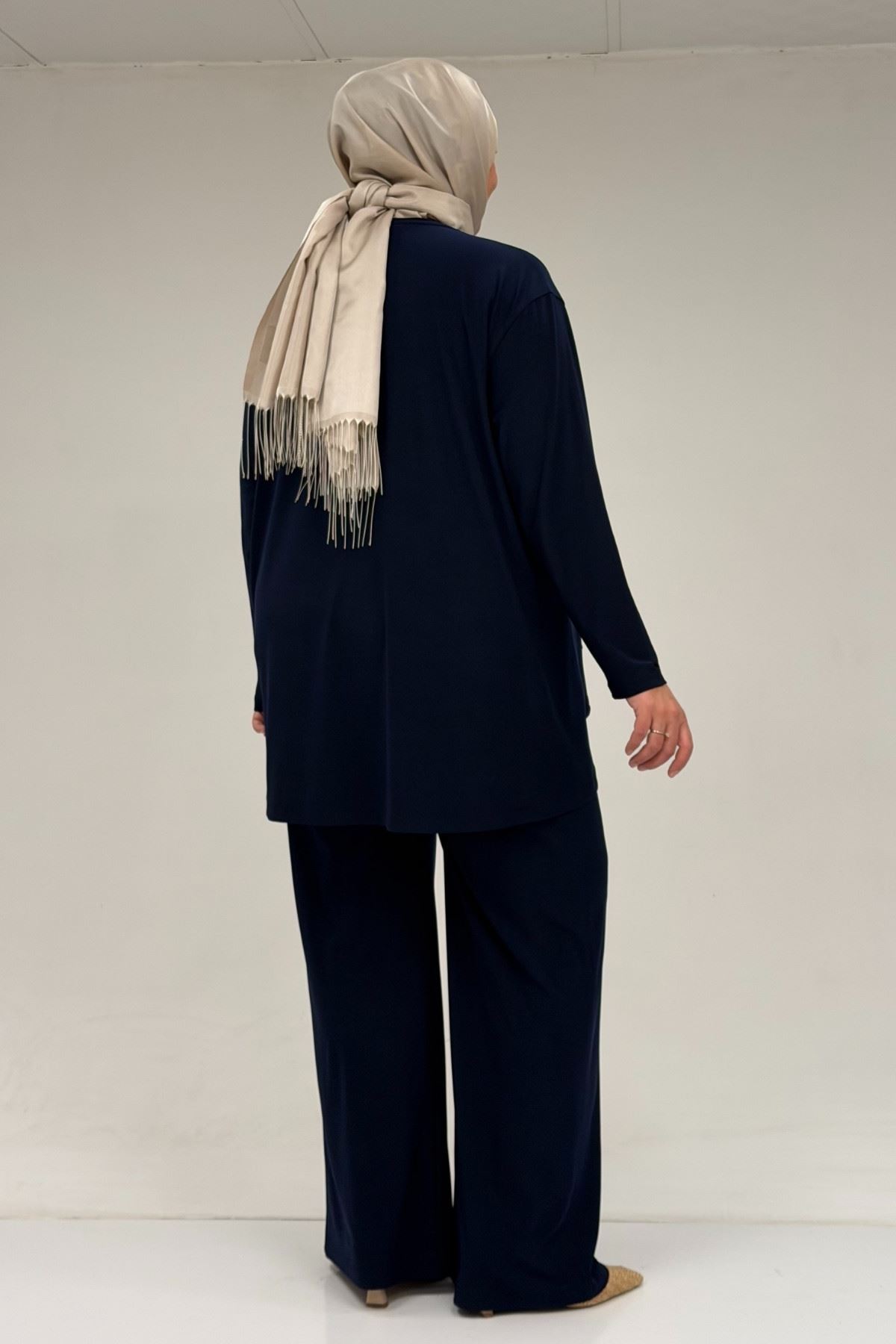 67033 Büyük Beden  Etek Ucu Parçalı Sandy Pantolonlu Takım - Lacivert