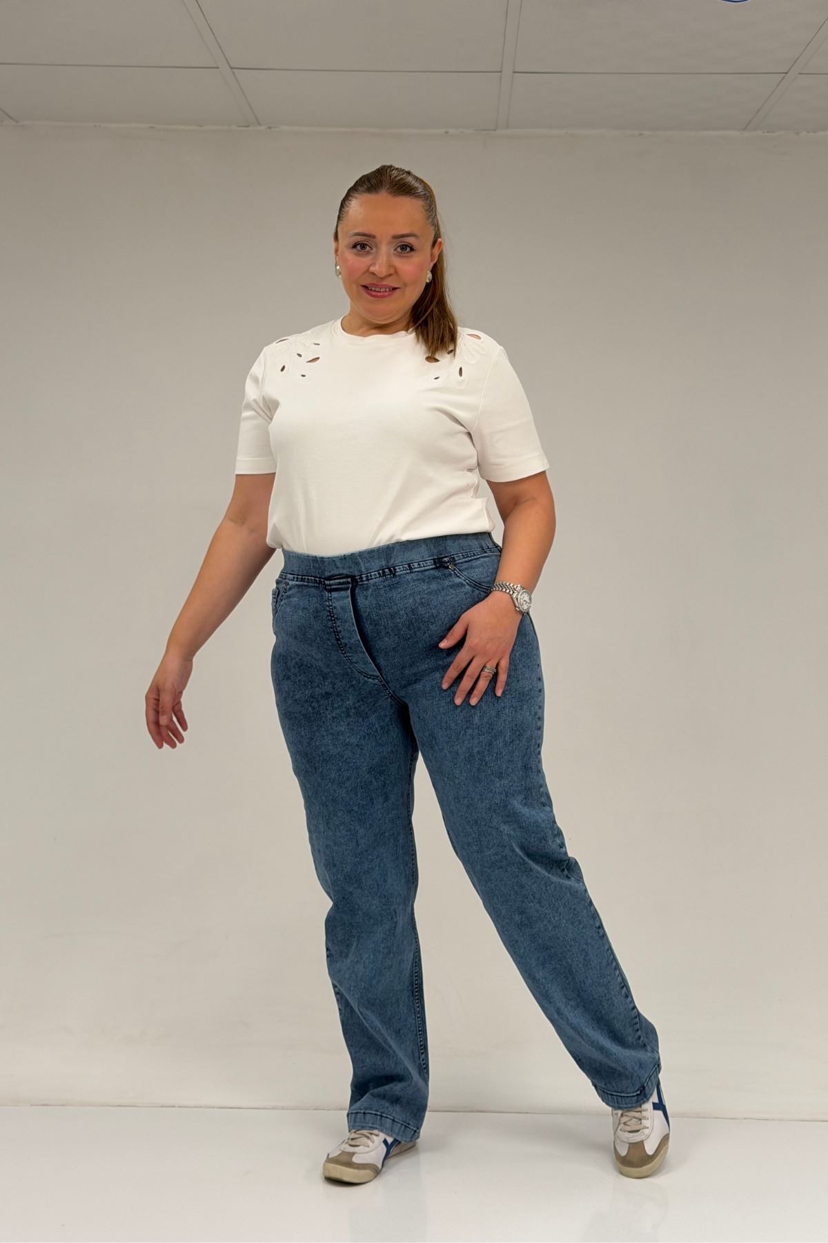 59036 Büyük Beden Beli Lastikli Cep Görünümlü Kot Pantolon - Lacivert