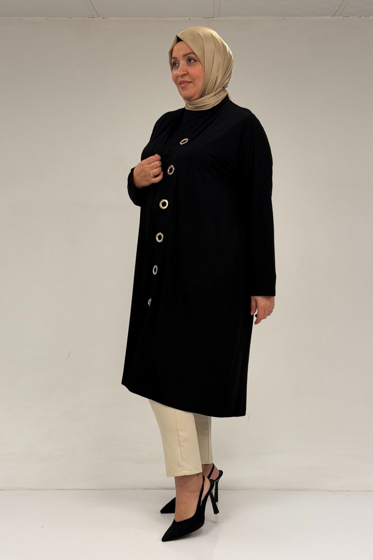 67032 Büyük Beden Kuşgözü Detaylı Penye İkili Takım - Siyah