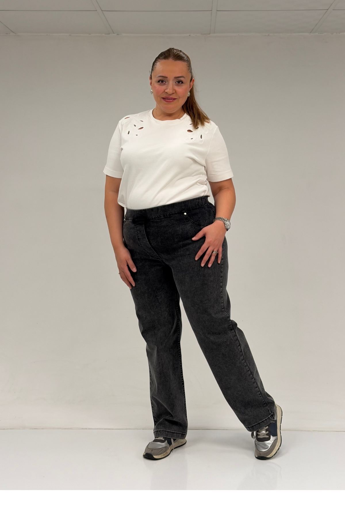 59036 Büyük Beden Beli Lastikli Cep Görünümlü Kot Pantolon - Siyah