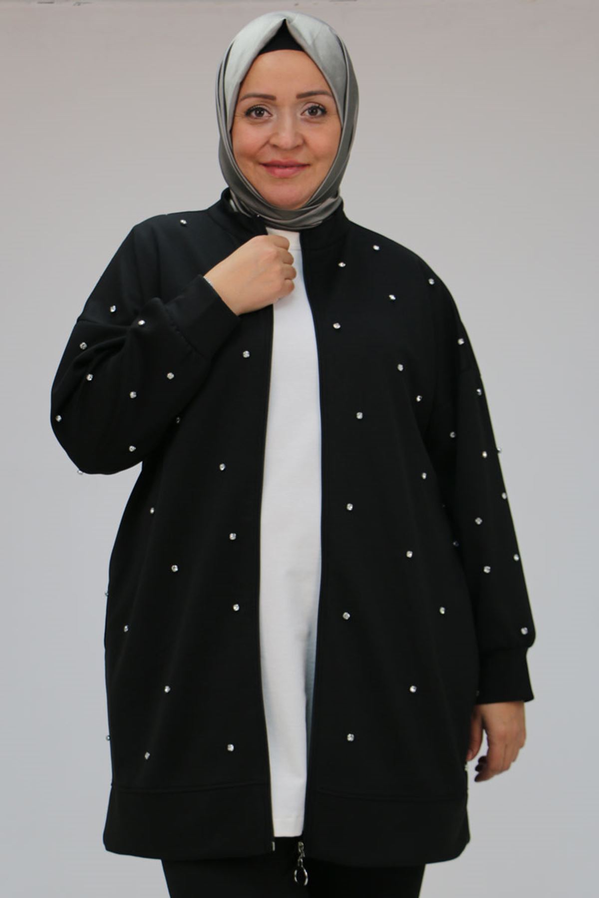 47070 Büyük Beden Önü Taş Detaylı Modal Pantolonlu Takım - Siyah