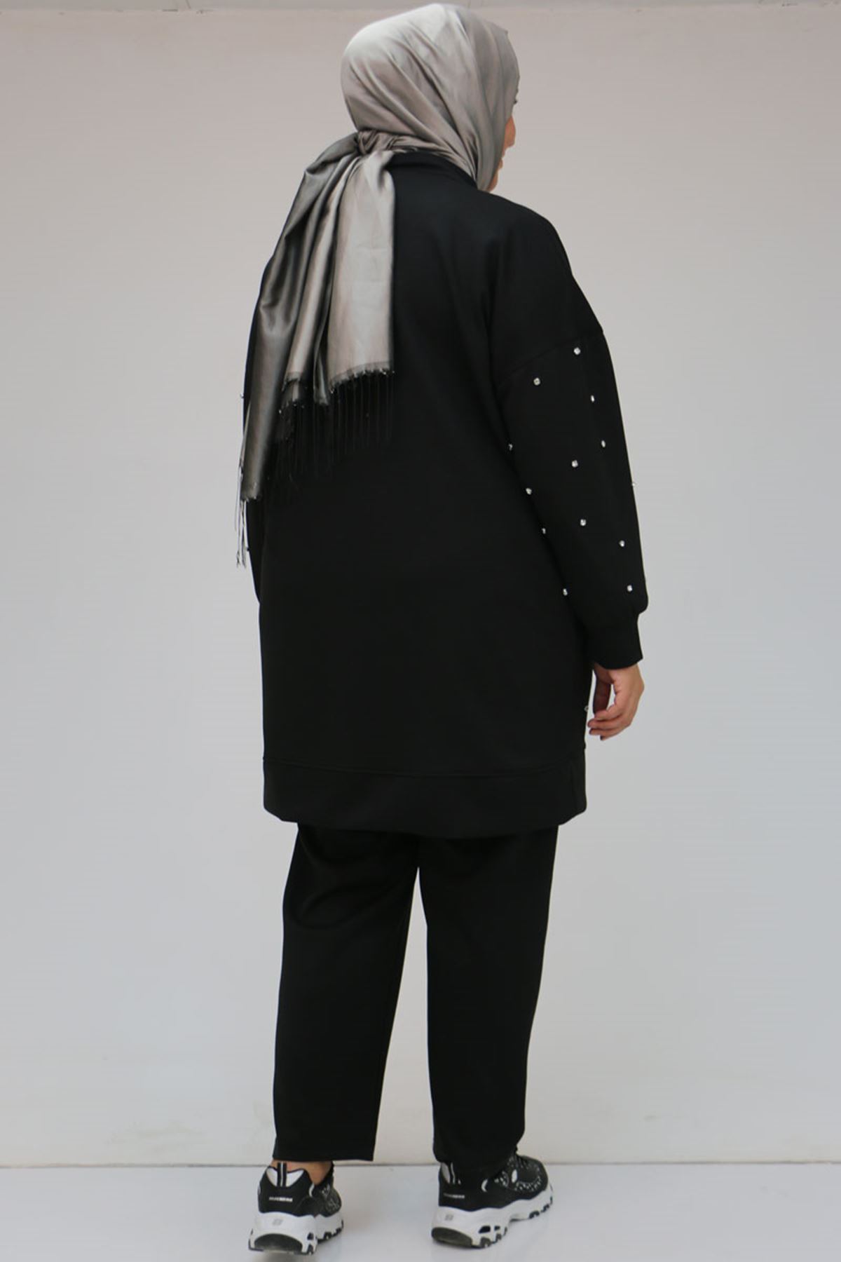 47070 Büyük Beden Önü Taş Detaylı Modal Pantolonlu Takım - Siyah