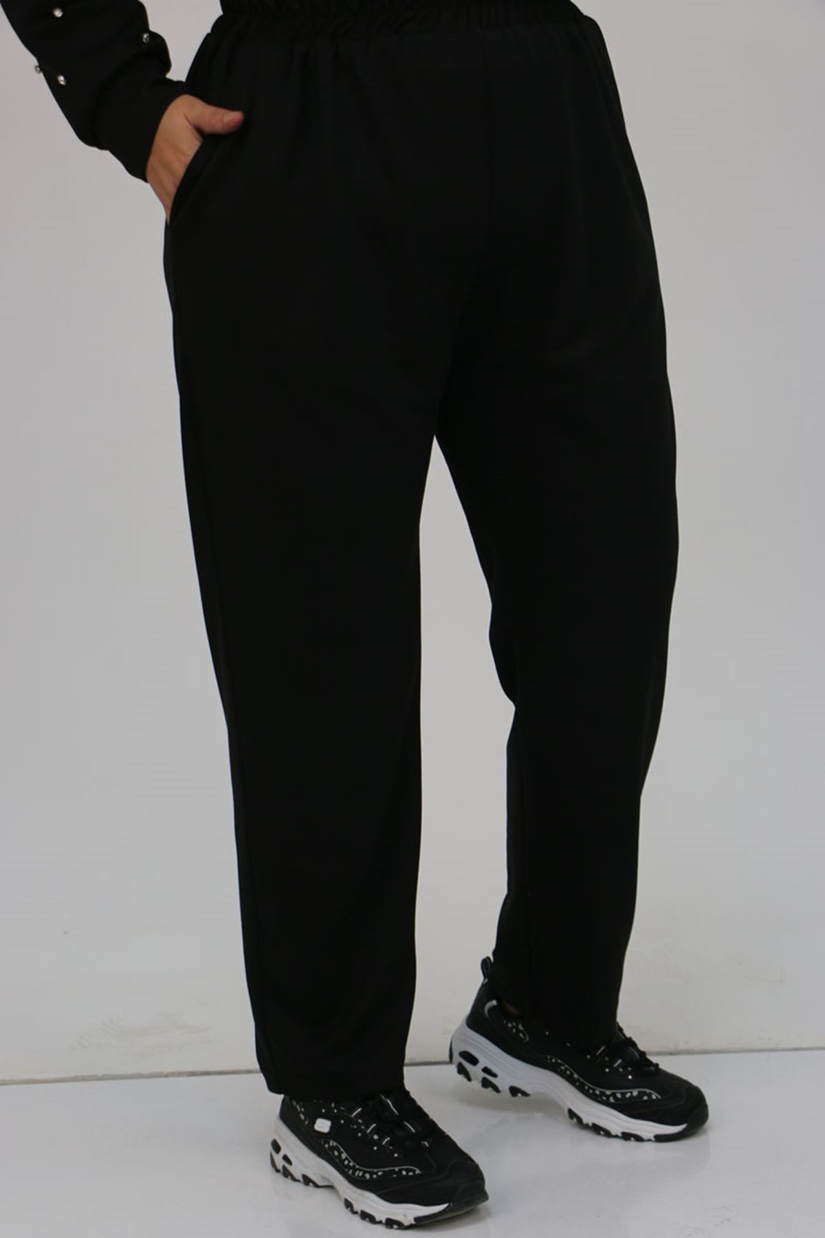 47070 Büyük Beden Önü Taş Detaylı Modal Pantolonlu Takım - Siyah