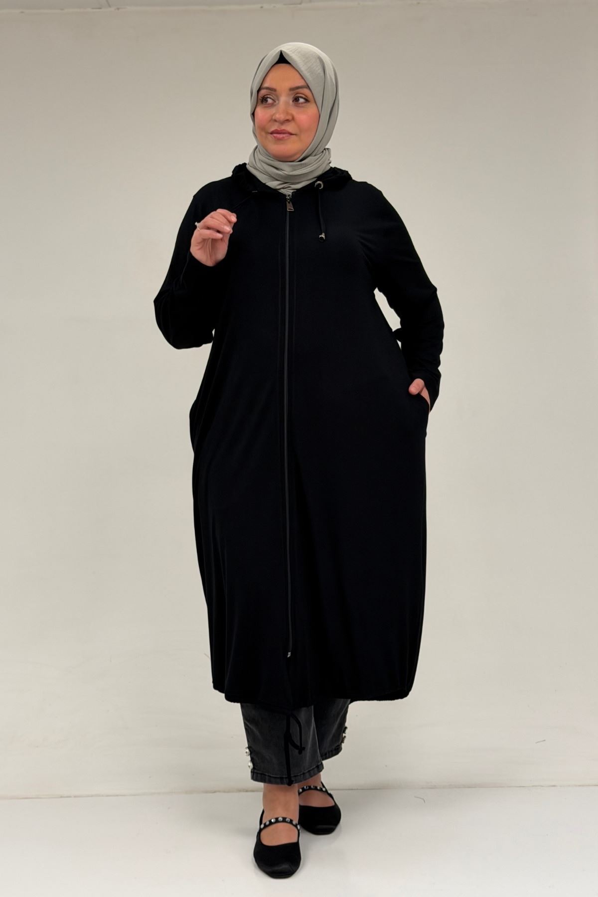 33008 Büyük Beden Fermuarlı Penye Kap - Siyah