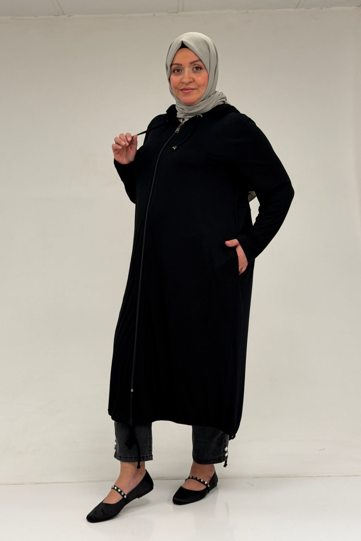 33008 Büyük Beden Fermuarlı Penye Kap - Siyah