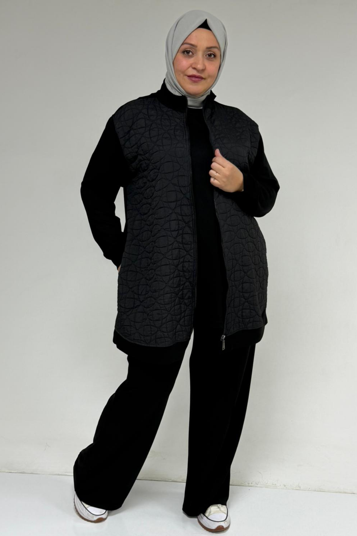 57304-E Büyük Beden Ceketli Modal-Kapitone Üçlü Takım - Siyah-Siyah