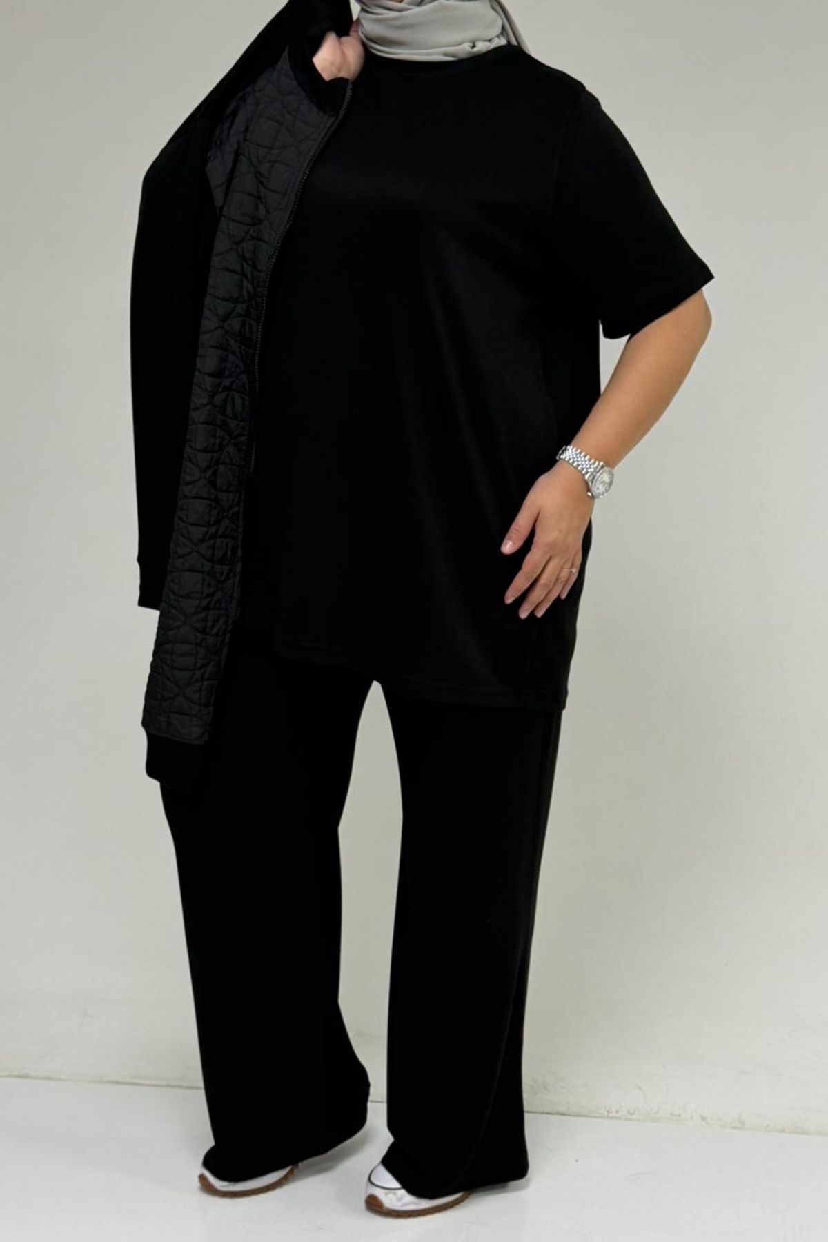 57304-E Büyük Beden Ceketli Modal-Kapitone Üçlü Takım - Siyah-Siyah