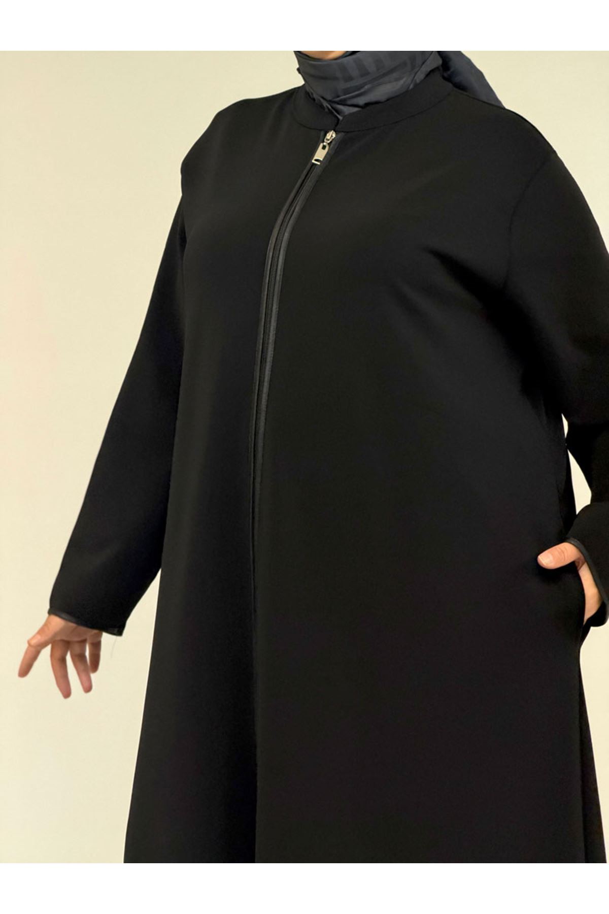 56003-E Büyük Beden Önden Fermuarlı Hakim Yaka Ferace - Siyah