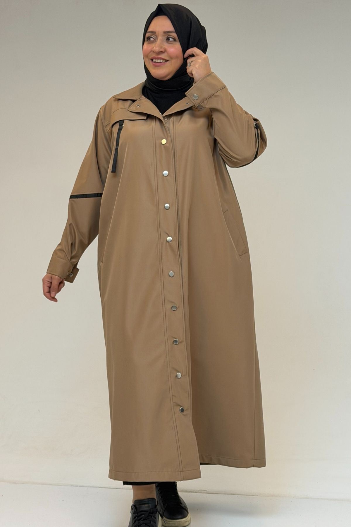 53062-E Büyük Beden Sahte Cep Detaylı Bondit Trençkot - Vizon 