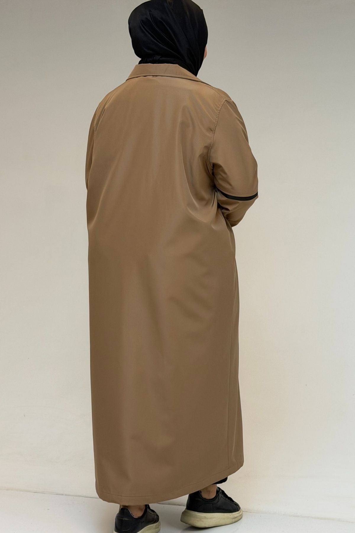 53062-E Büyük Beden Sahte Cep Detaylı Bondit Trençkot - Vizon 