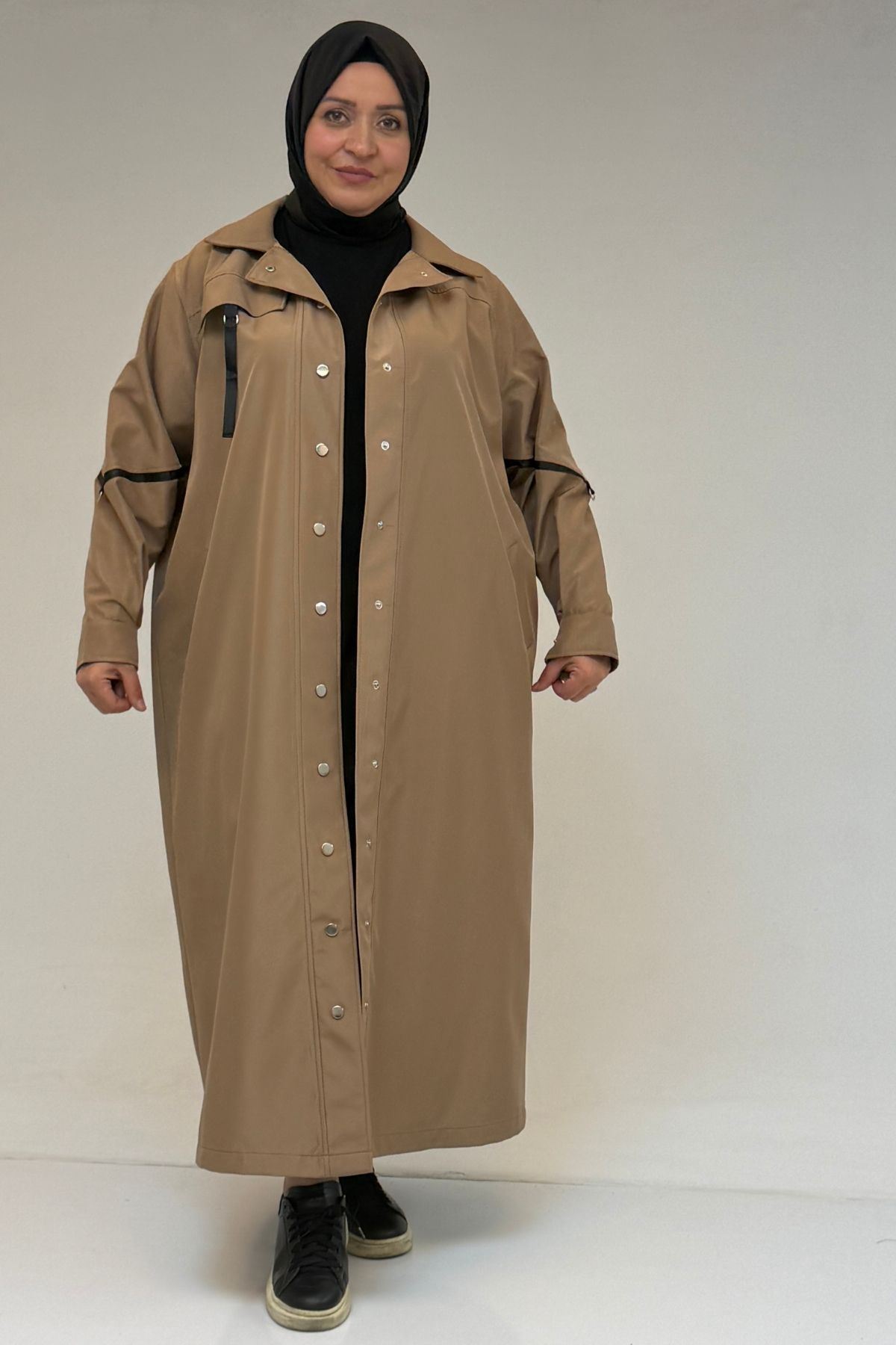 53062-E Büyük Beden Sahte Cep Detaylı Bondit Trençkot - Vizon 