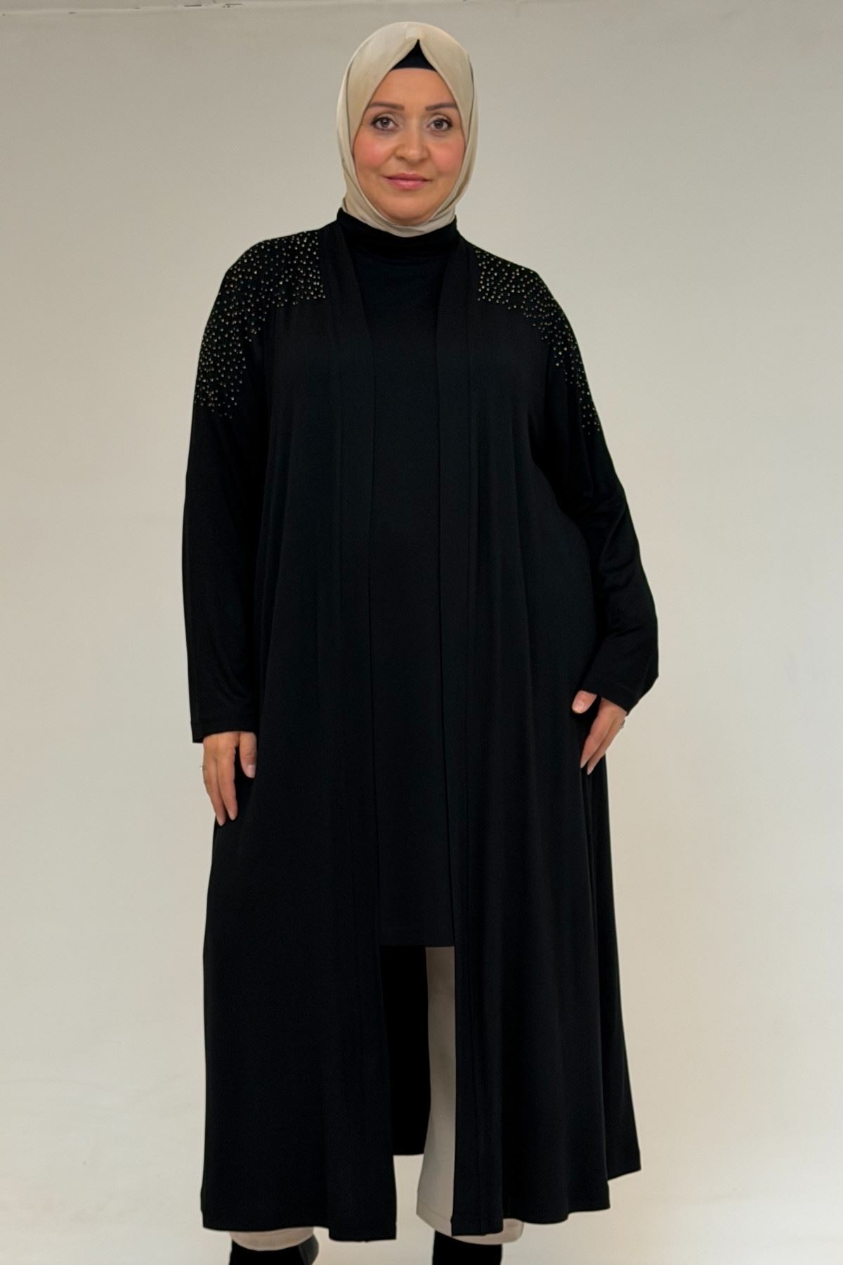 53069-E Büyük Beden Omzu Taş Detaylı Penye Ceket - Siyah 